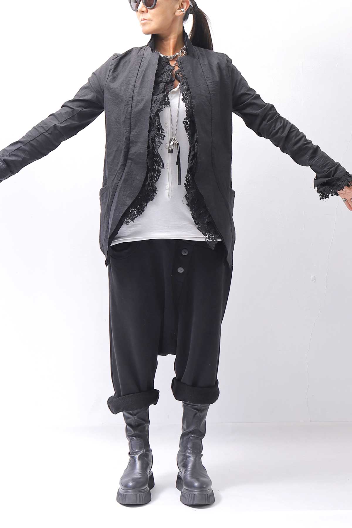 【RUNDHOLZ】 GRUNGE COTTON LACE &amp; STRETCH JACKET _BLACK GLOSS