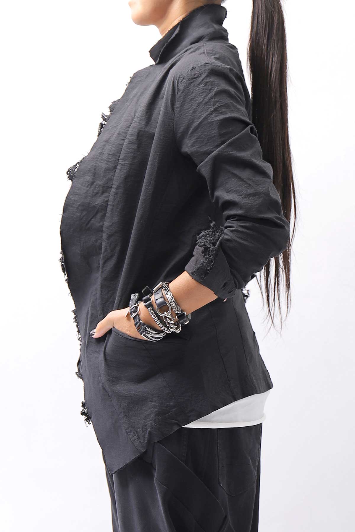 【RUNDHOLZ】 GRUNGE COTTON LACE &amp; STRETCH JACKET _BLACK GLOSS