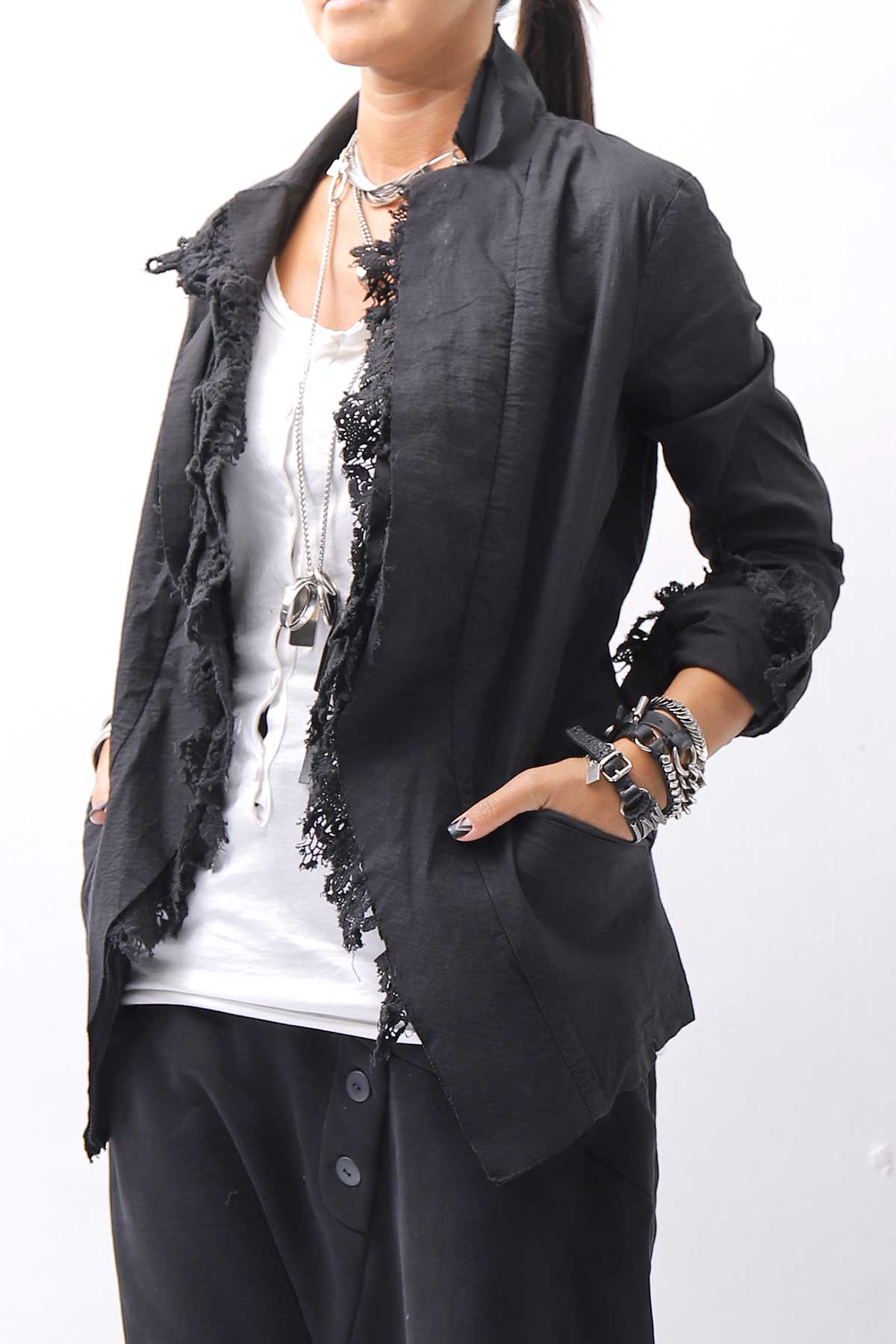 【RUNDHOLZ】 GRUNGE COTTON LACE &amp; STRETCH JACKET _BLACK GLOSS