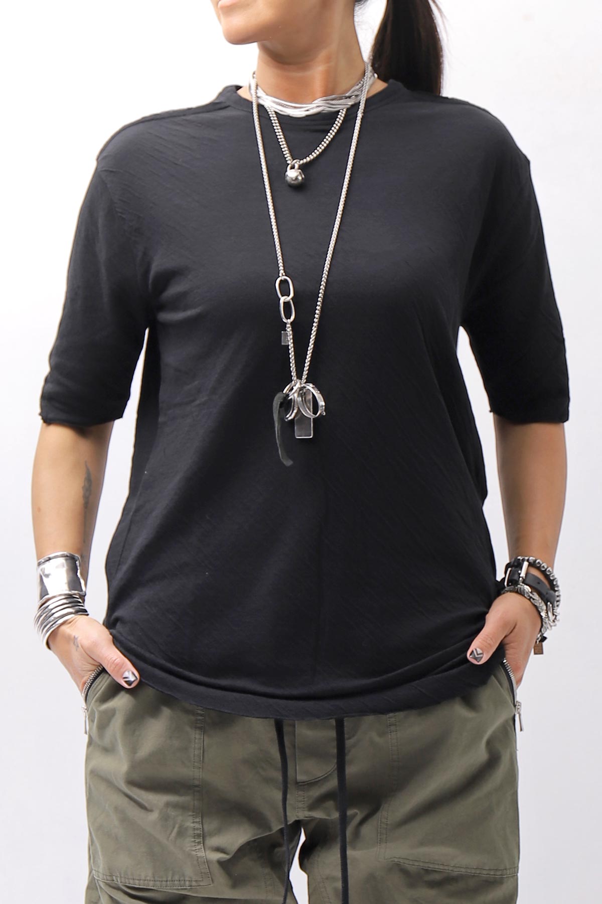 【thom/krom】 UNISEX SKIN COTTO DOUBLE LAYERED HALF SLEEVE TOP MTS921_BLACK