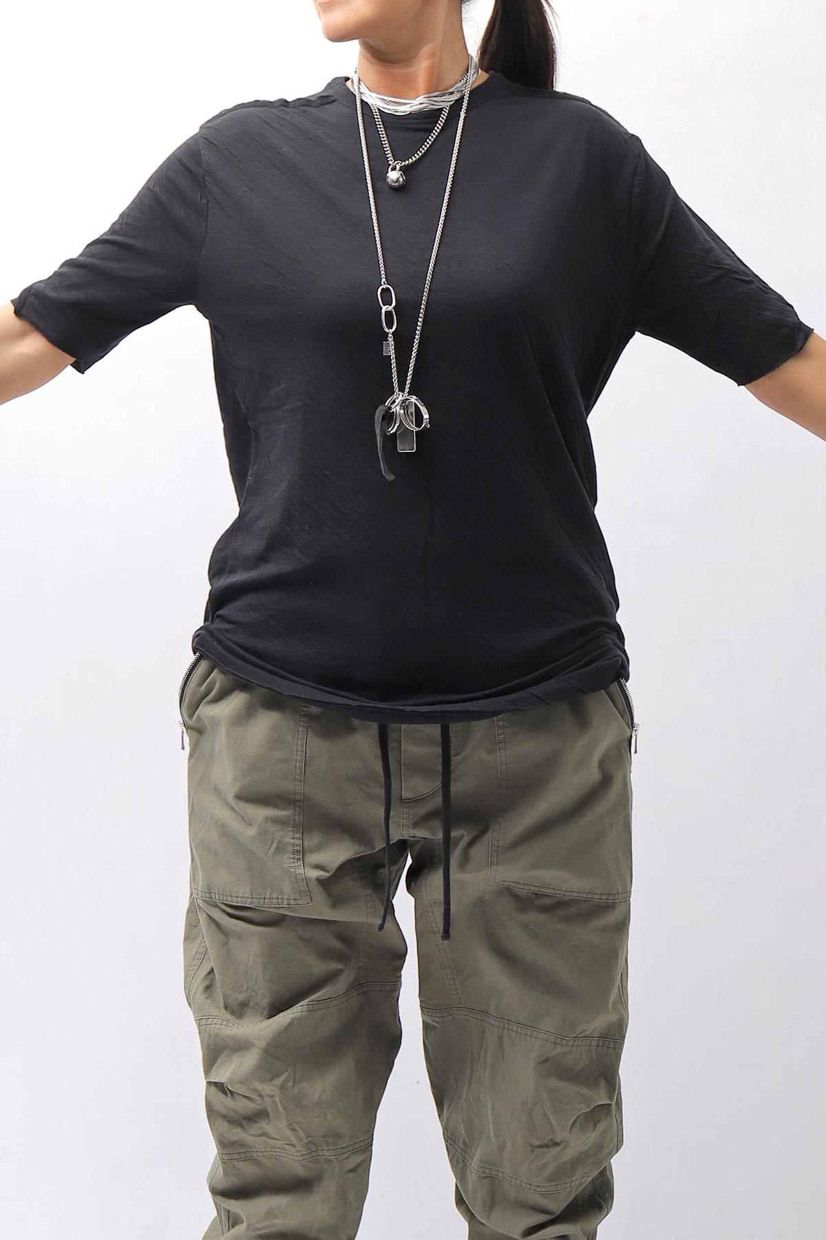 【thom/krom】 UNISEX SKIN COTTO DOUBLE LAYERED HALF SLEEVE TOP MTS921_BLACK