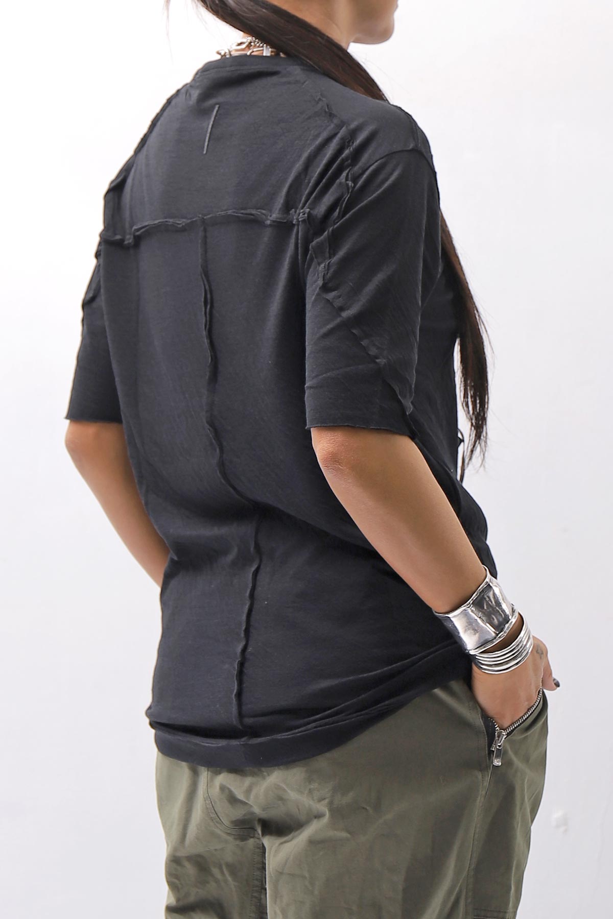 【thom/krom】 UNISEX SKIN COTTO DOUBLE LAYERED HALF SLEEVE TOP MTS921_BLACK