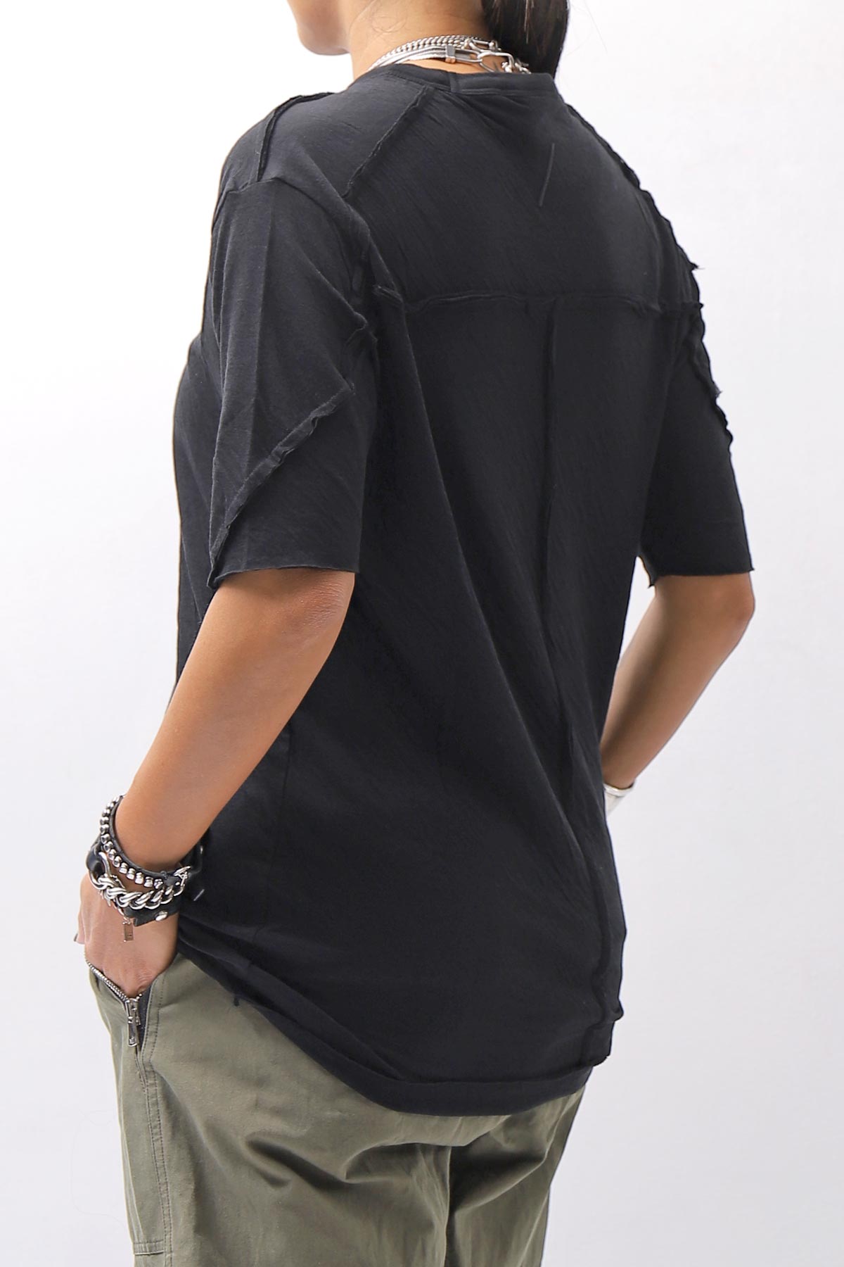 【thom/krom】 UNISEX SKIN COTTO DOUBLE LAYERED HALF SLEEVE TOP MTS921_BLACK