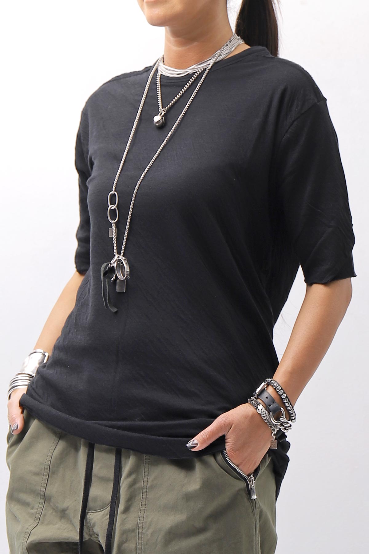 【thom/krom】 UNISEX SKIN COTTO DOUBLE LAYERED HALF SLEEVE TOP MTS921_BLACK