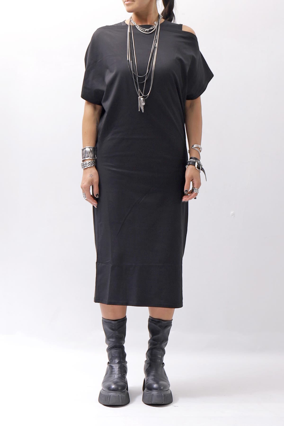 【NOSTRASANTISSIMA】 STRETCH COTTON 2WAY TOP DRESS A08_BLACK