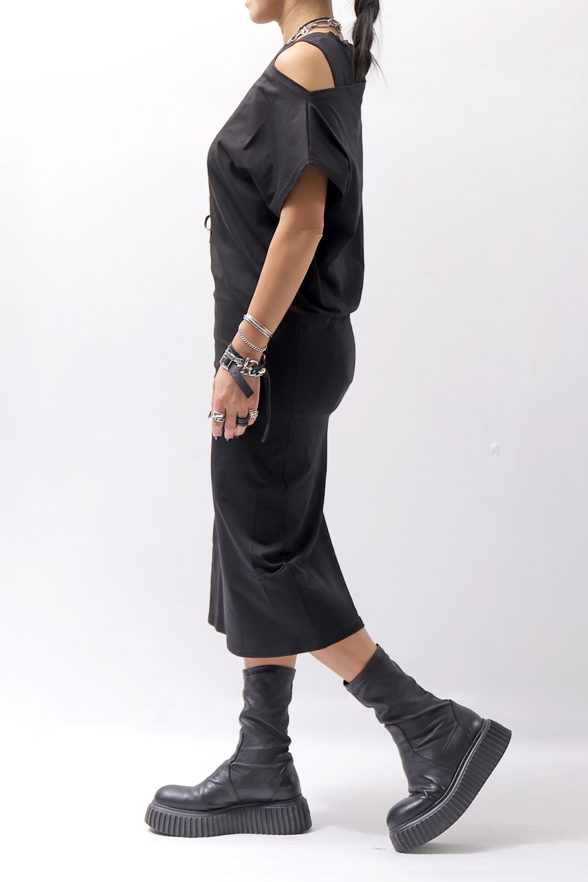 【NOSTRASANTISSIMA】 STRETCH COTTON 2WAY TOP DRESS A08_BLACK