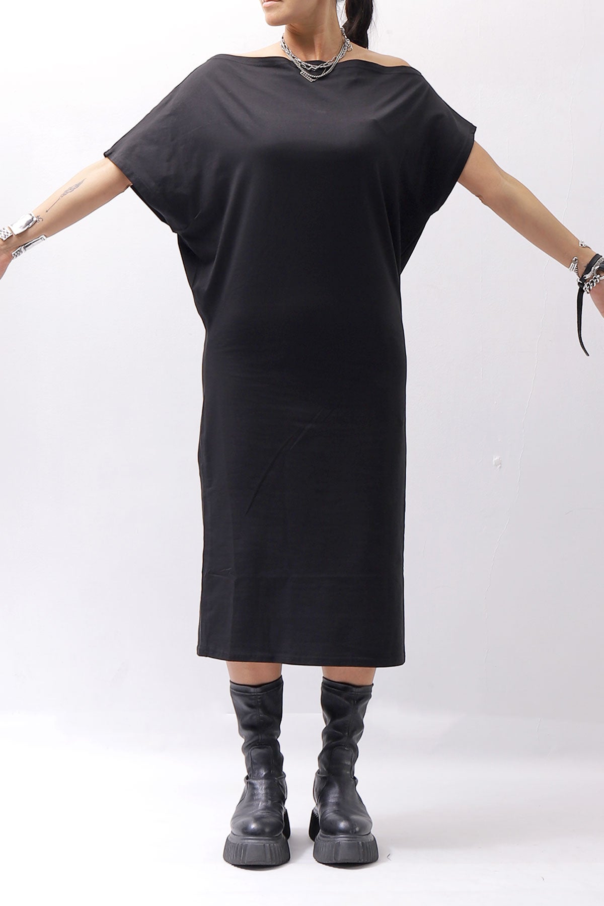 【NOSTRASANTISSIMA】 STRETCH COTTON 2WAY TOP DRESS A08_BLACK