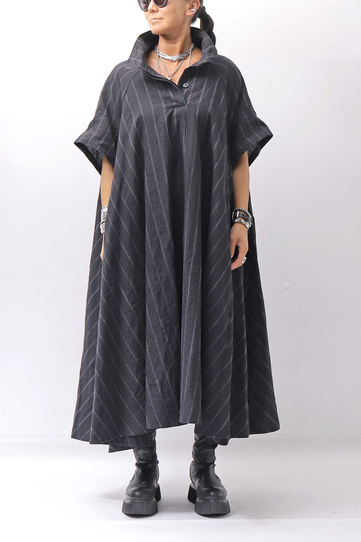 【RUNDHOLZ】OVERSIZED LINEN COTTON STRIPE DRESS _BLACK STRIPE