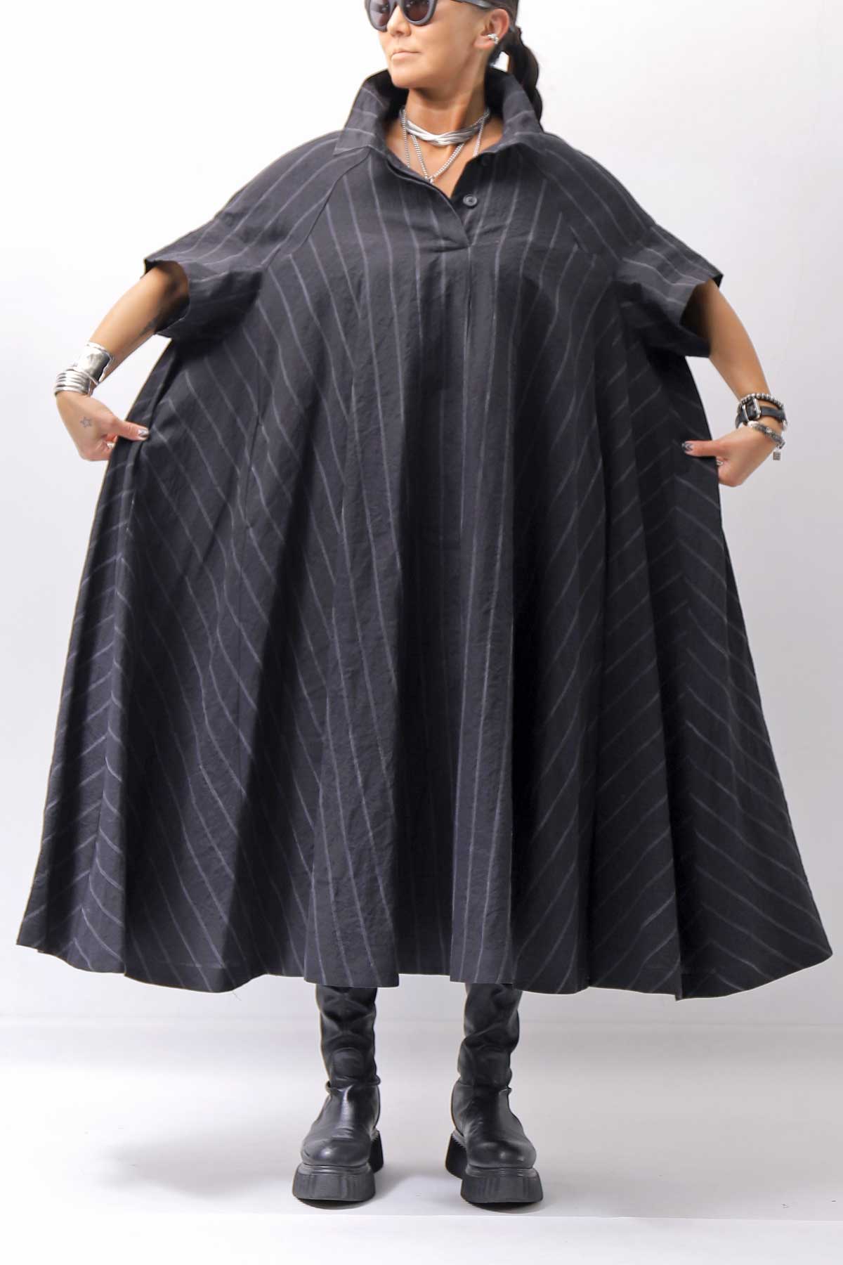 【RUNDHOLZ】OVERSIZED LINEN COTTON STRIPE DRESS _BLACK STRIPE