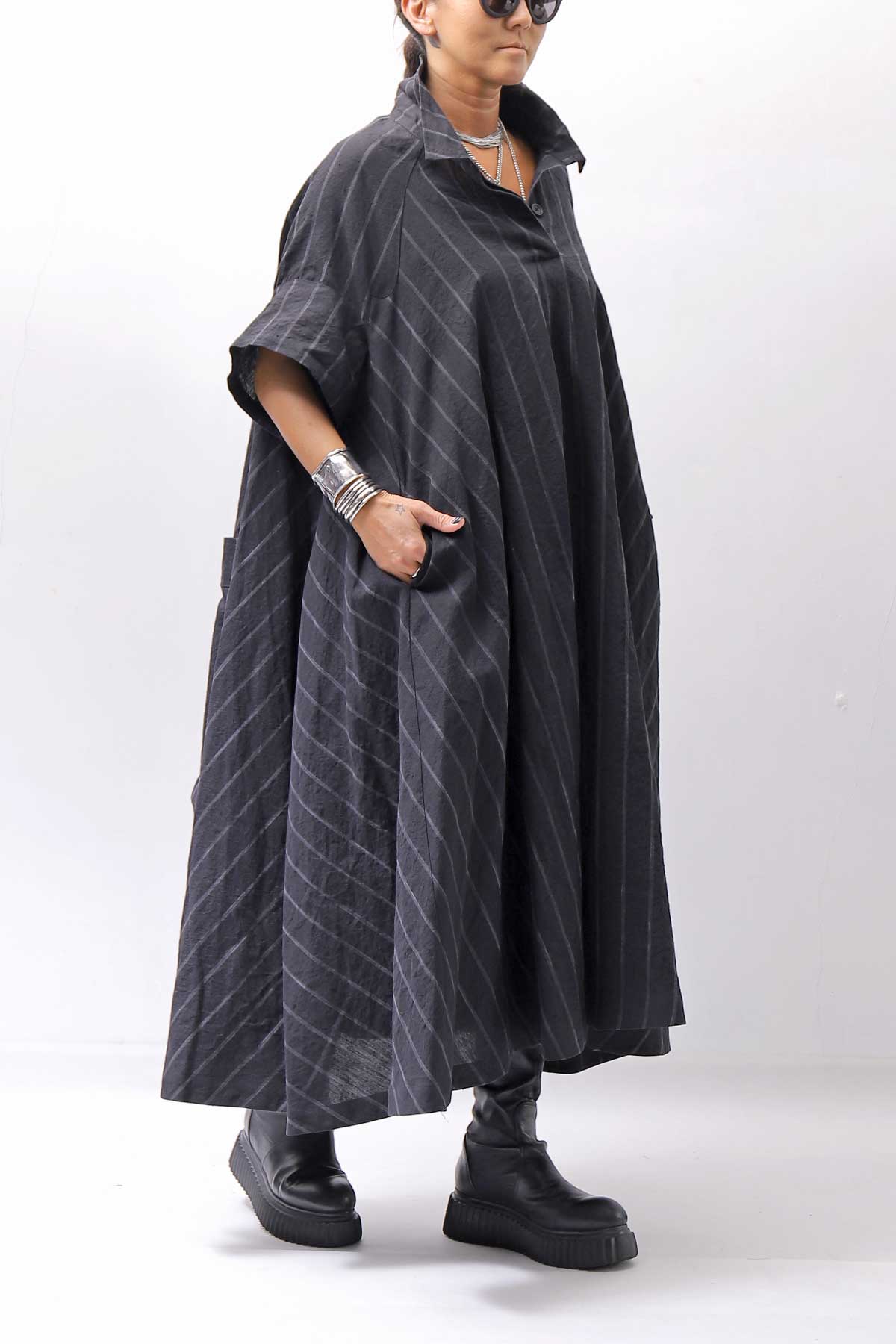 【RUNDHOLZ】OVERSIZED LINEN COTTON STRIPE DRESS _BLACK STRIPE