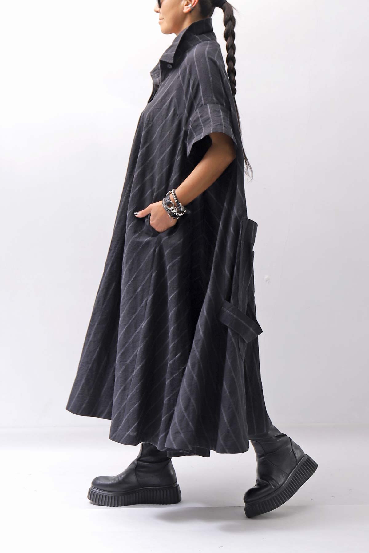 【RUNDHOLZ】OVERSIZED LINEN COTTON STRIPE DRESS _BLACK STRIPE