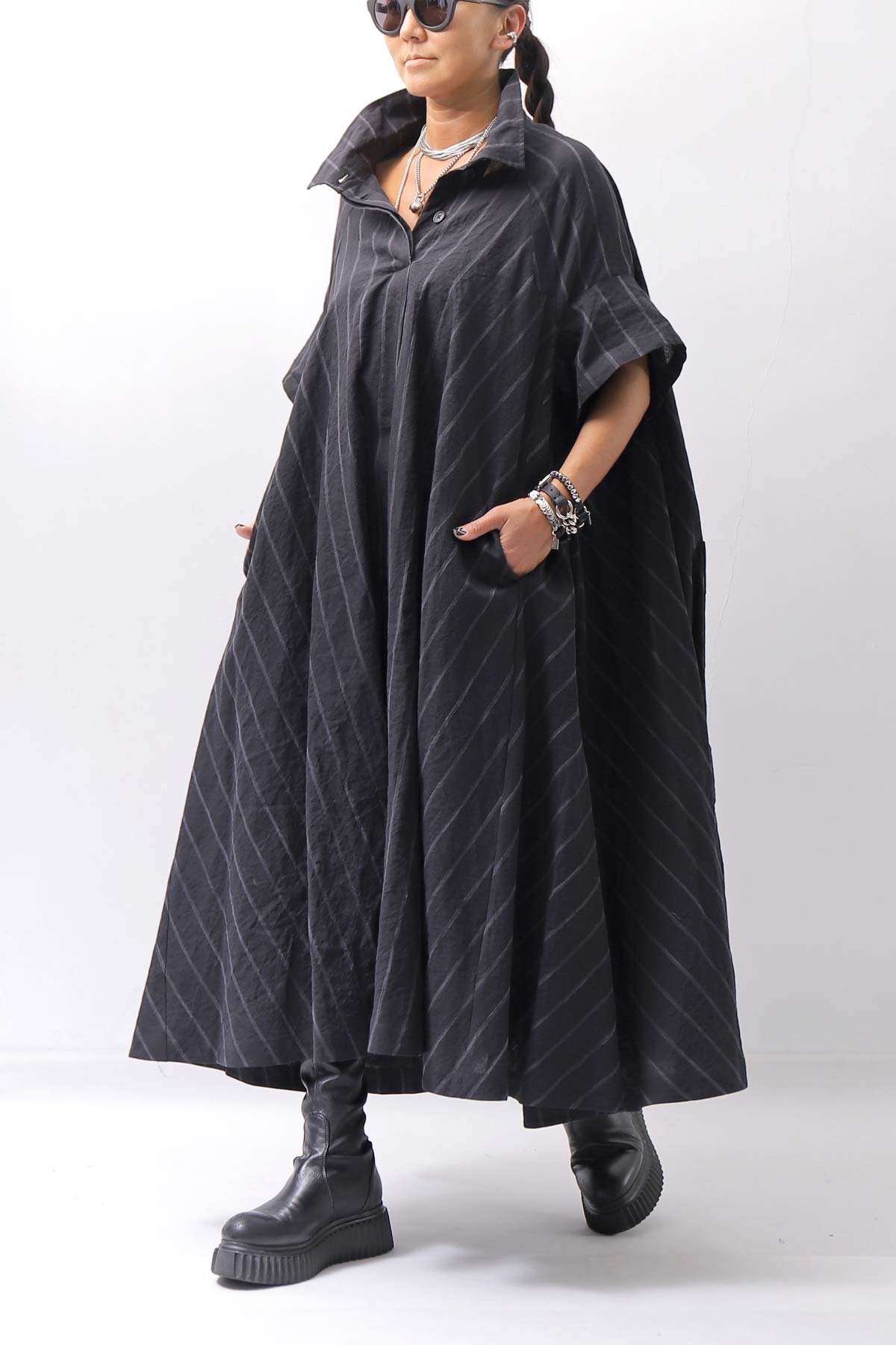 【RUNDHOLZ】OVERSIZED LINEN COTTON STRIPE DRESS _BLACK STRIPE