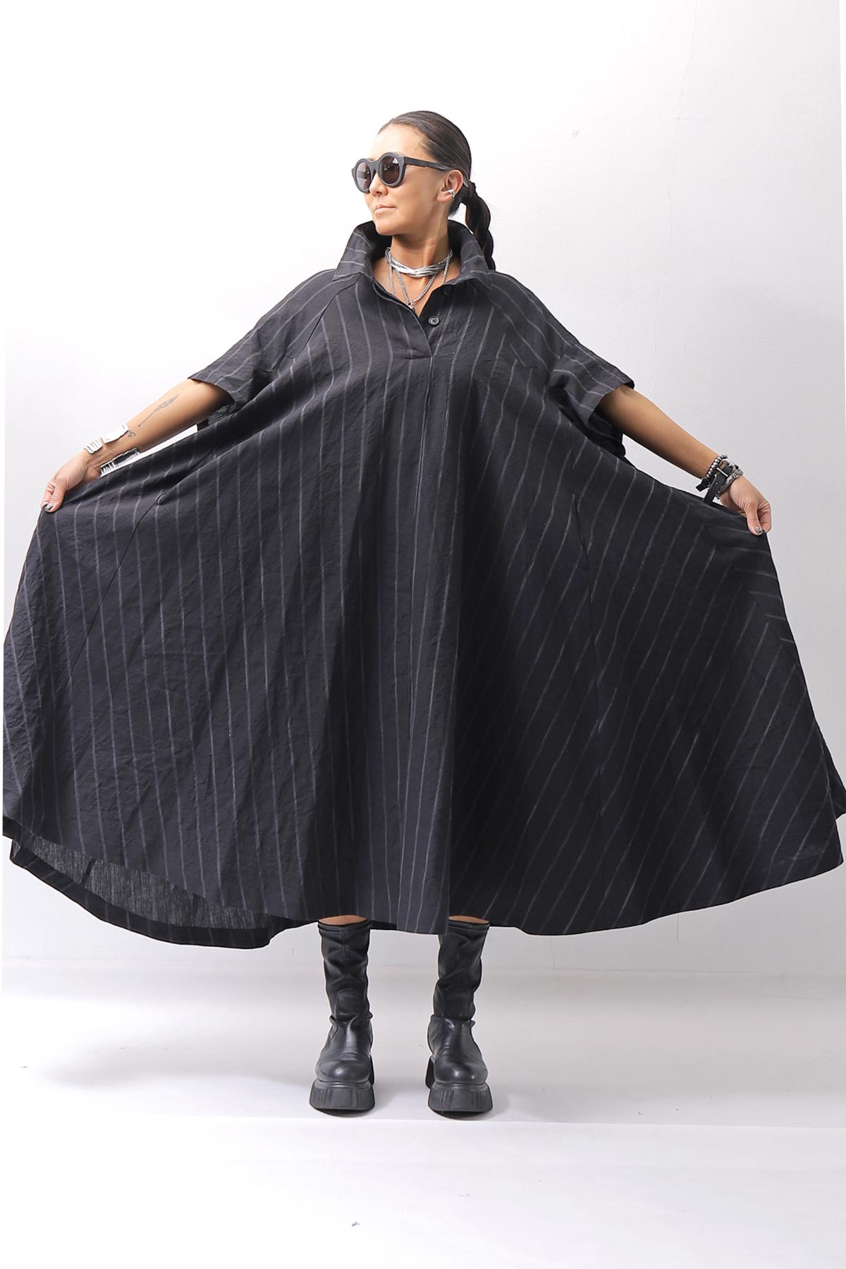 【RUNDHOLZ】OVERSIZED LINEN COTTON STRIPE DRESS _BLACK STRIPE