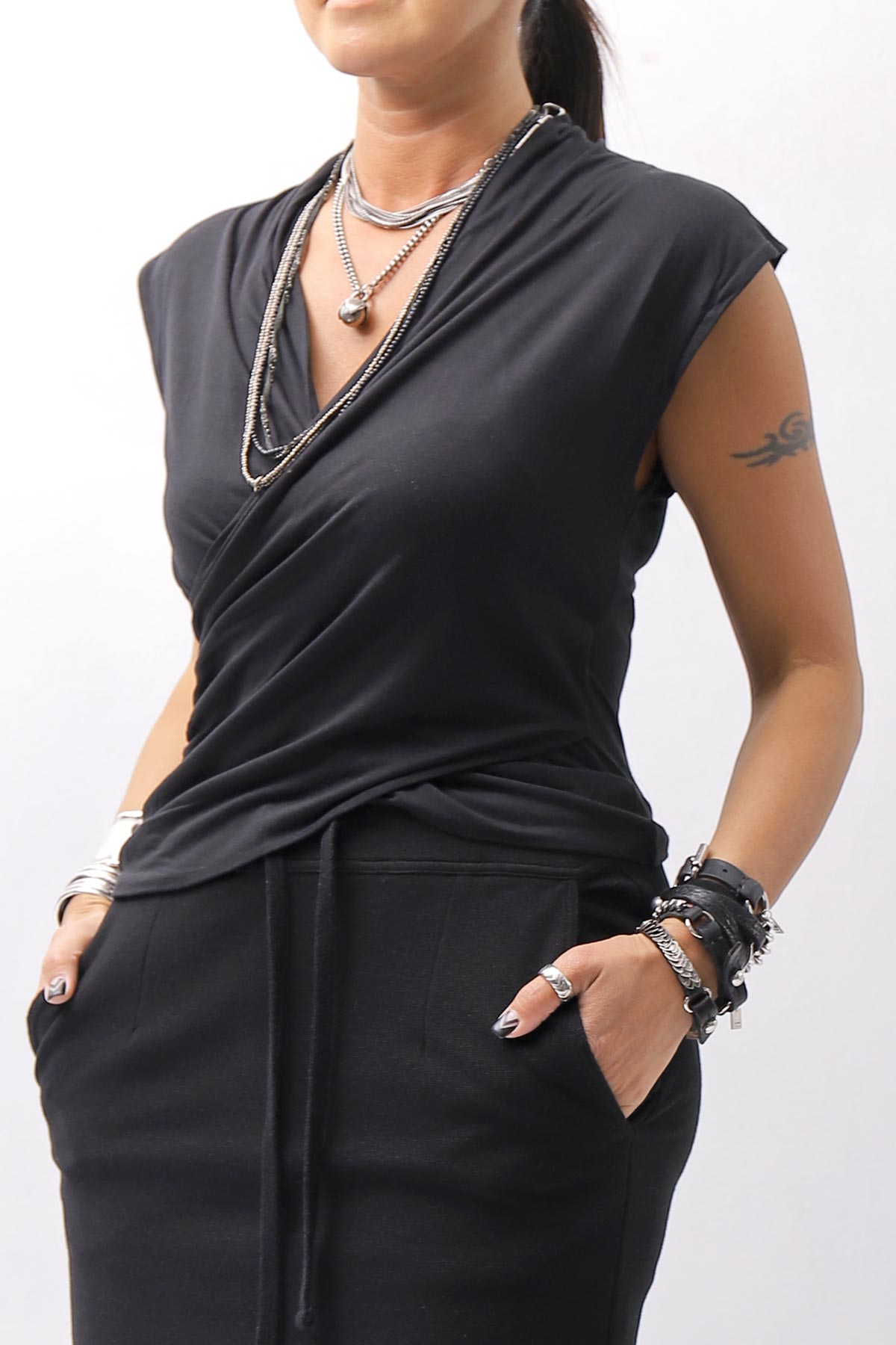 【thom/krom】 FRONT CROSS MODAL &amp; SILK STRETCH TOP WTS606_BLACK
