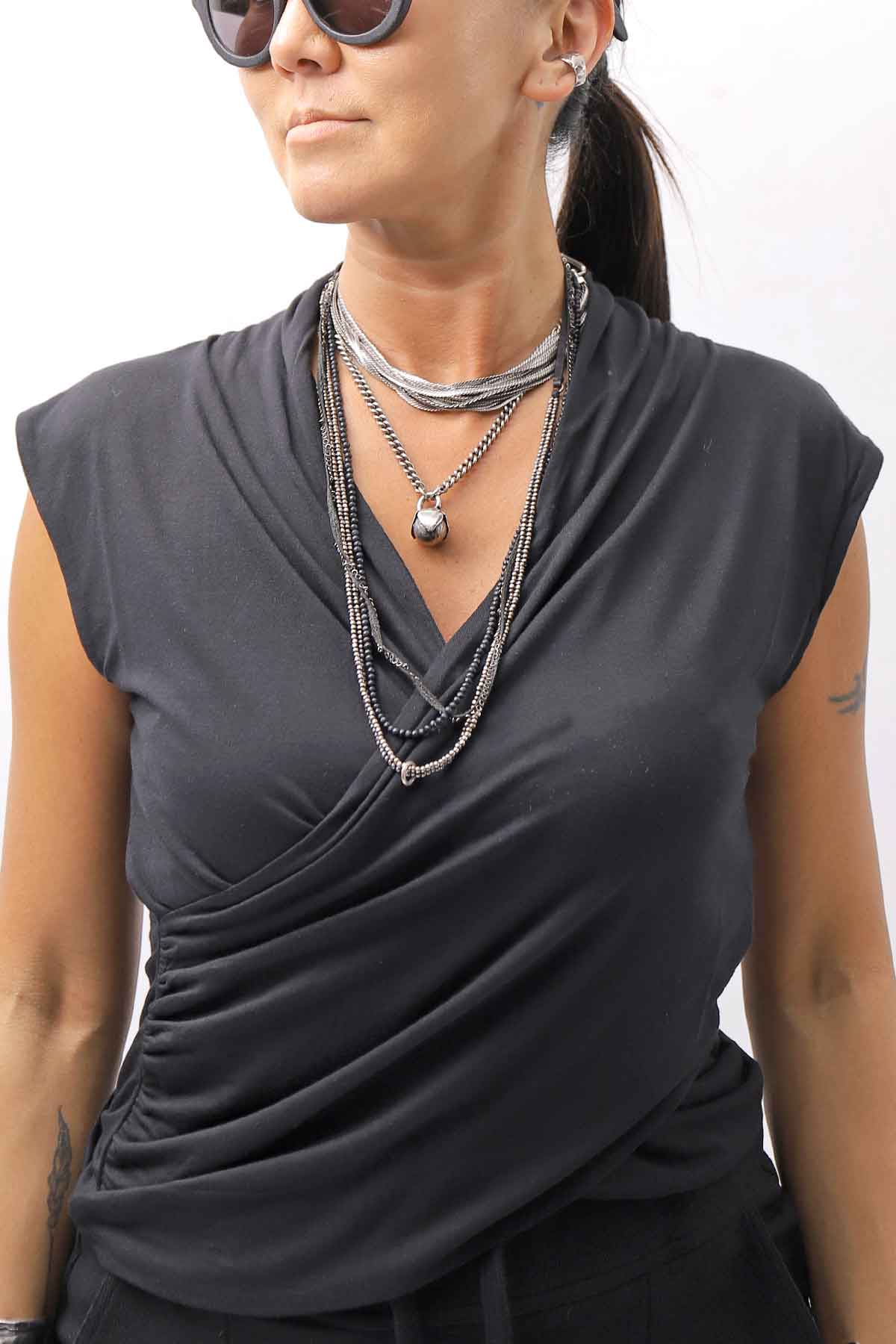【thom/krom】 FRONT CROSS MODAL &amp; SILK STRETCH TOP WTS606_BLACK