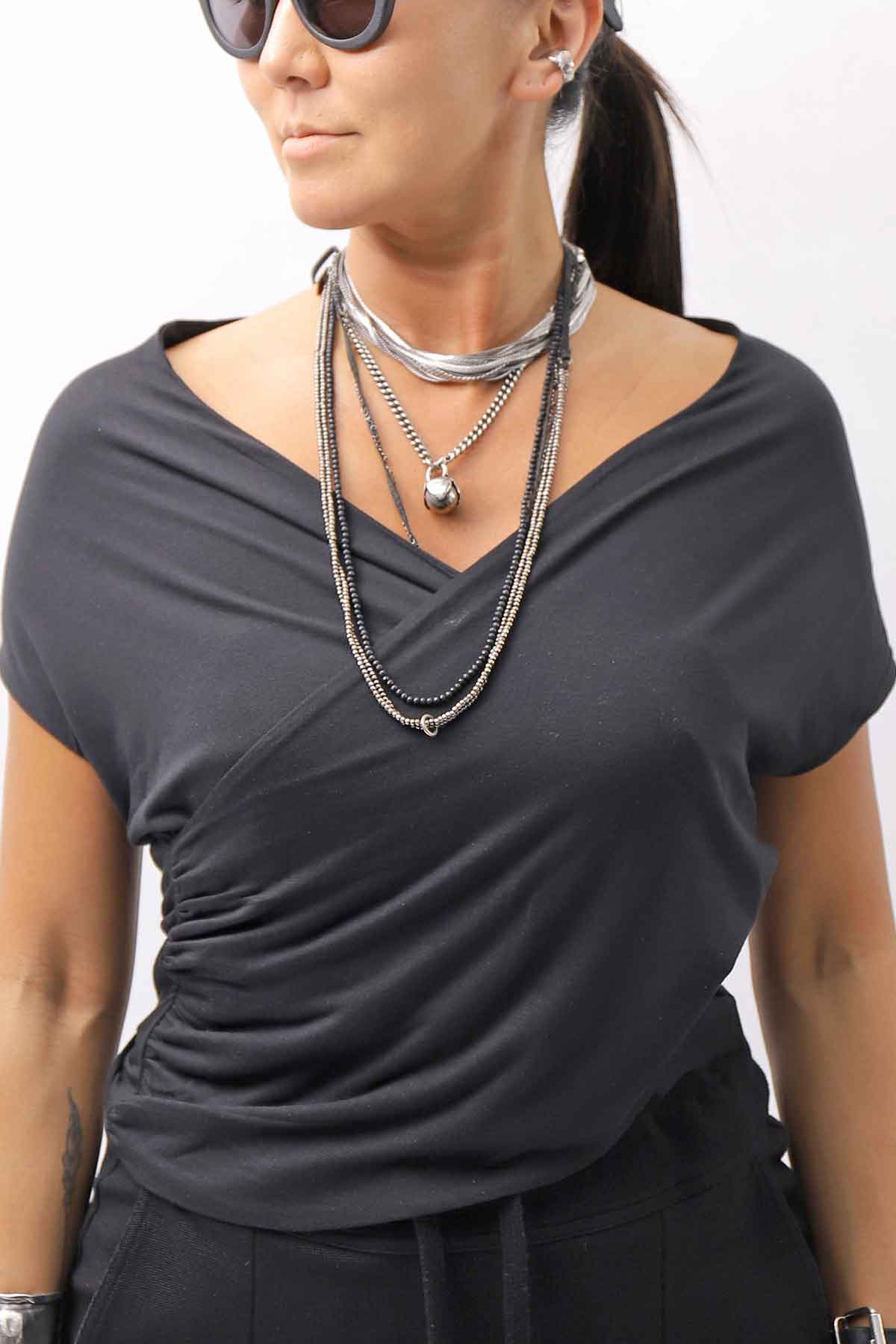 【thom/krom】 FRONT CROSS MODAL &amp; SILK STRETCH TOP WTS606_BLACK
