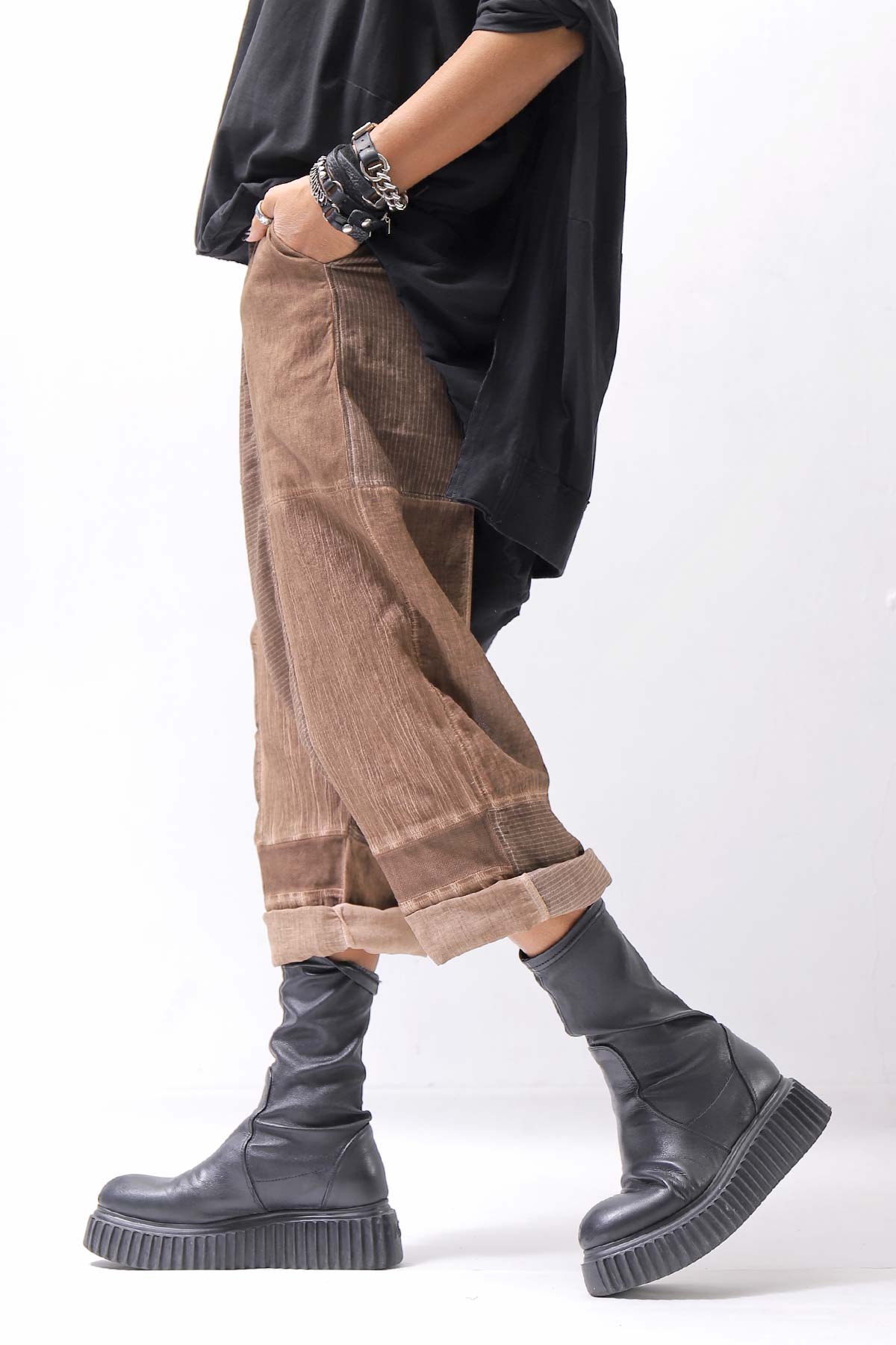 【studio b3】 UNISEX MIX MATERIAL PATCHED SARROUEL PANTS NB2106_COPPER OLD DYE
