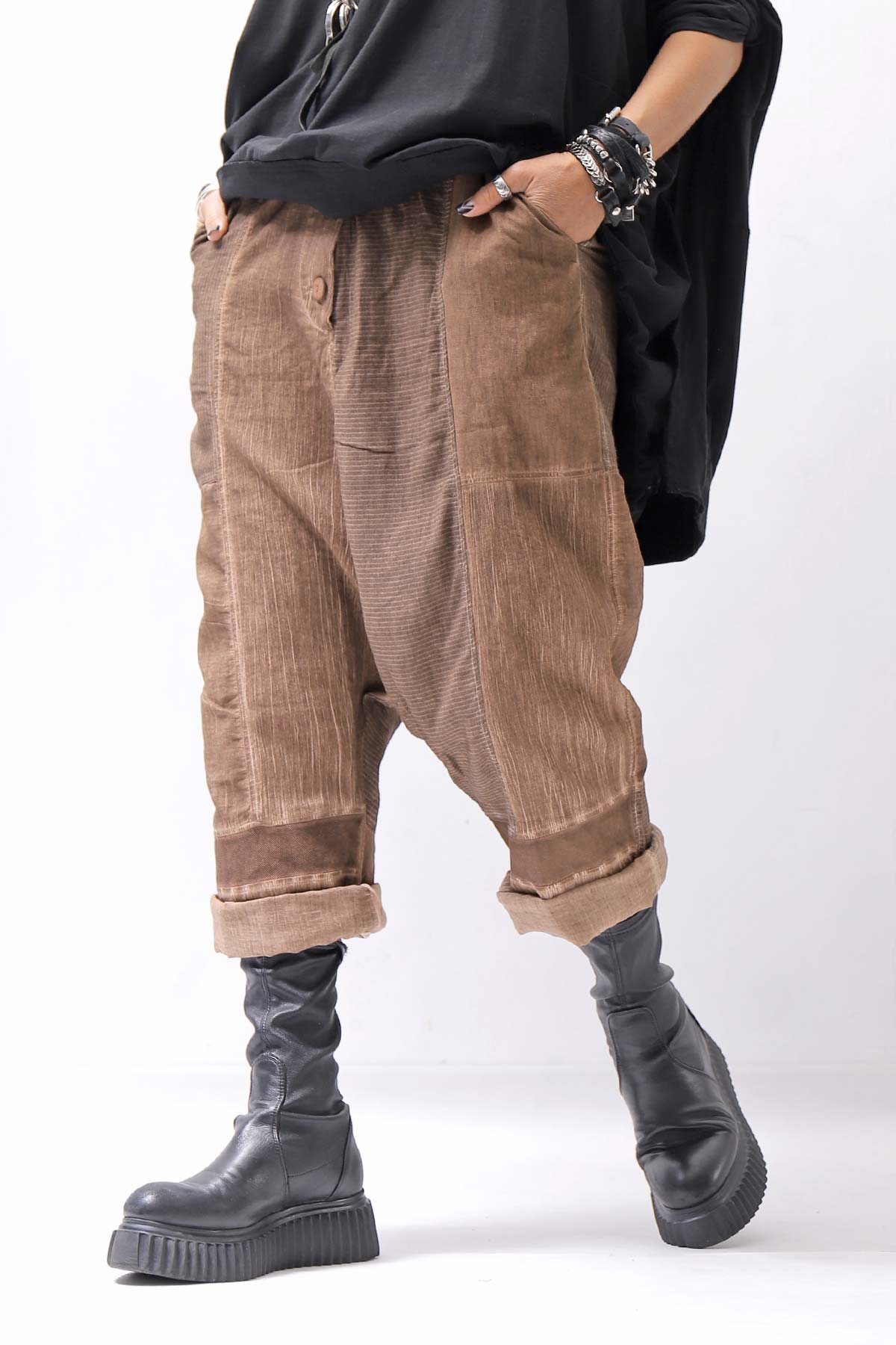 【studio b3】 UNISEX MIX MATERIAL PATCHED SARROUEL PANTS NB2106_COPPER OLD DYE