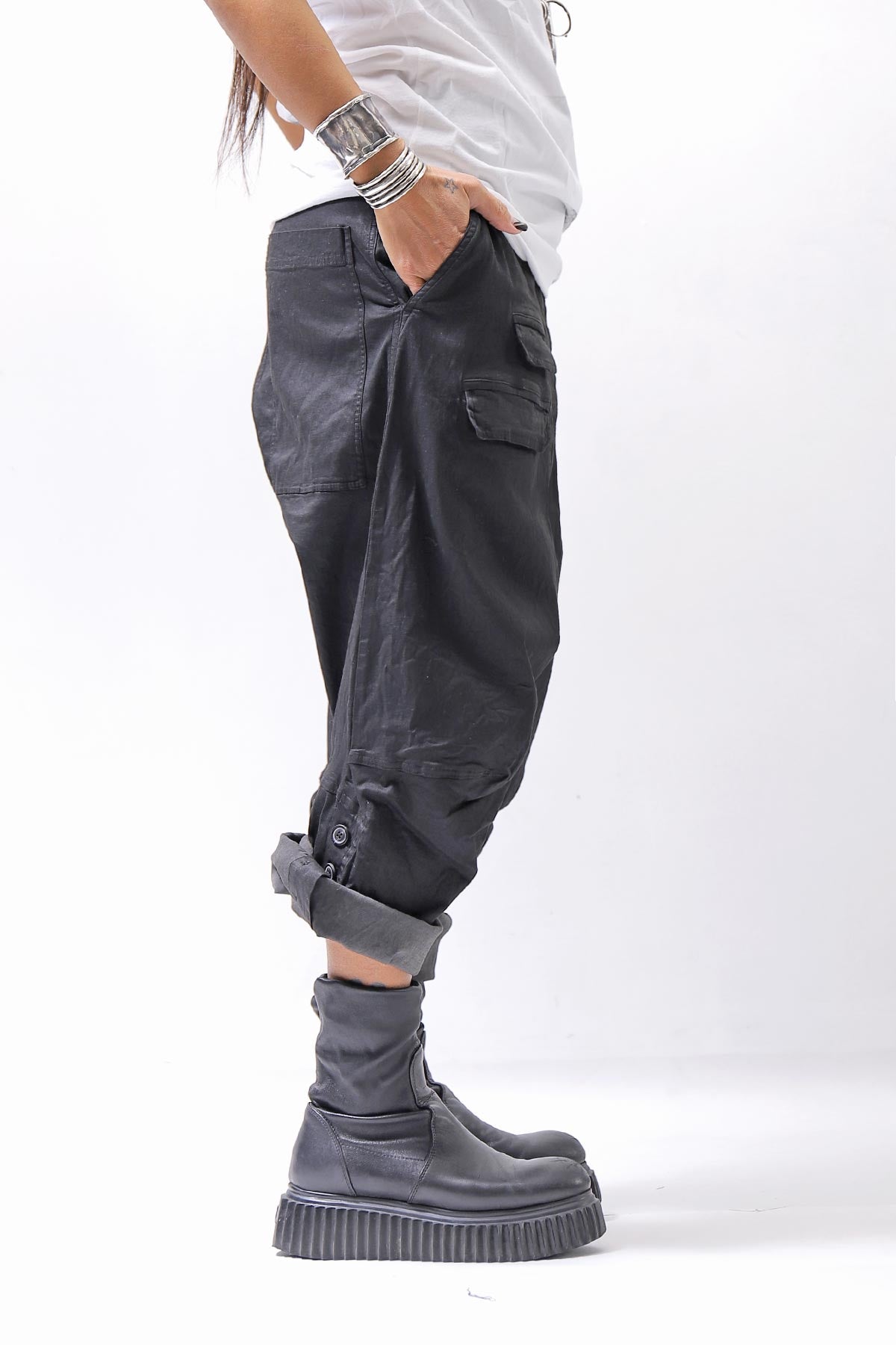 【RUNDHOLZ】 UNISEX STRETCH COTTON GLOSS SARRUEL PANTS _BLACK GLOSS