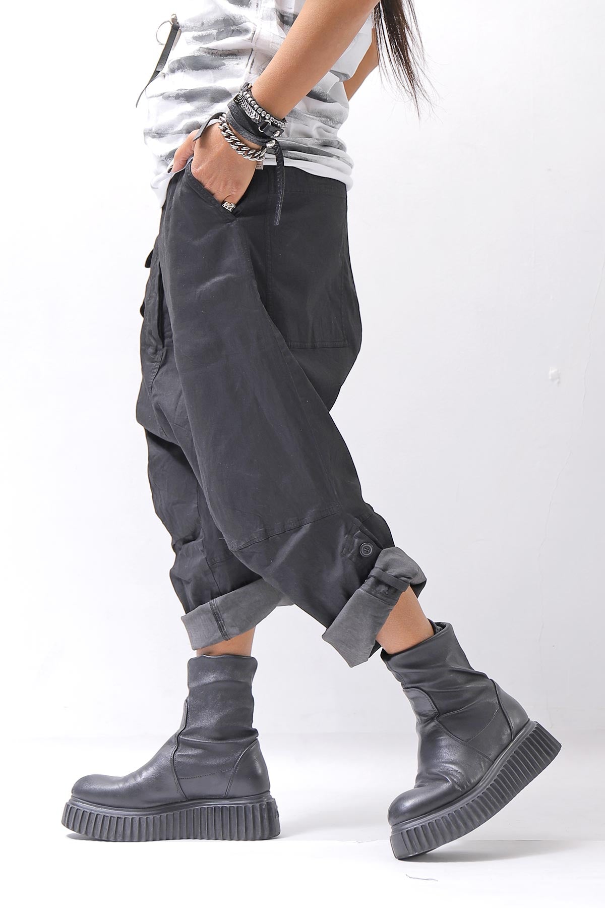 【RUNDHOLZ】 UNISEX STRETCH COTTON GLOSS SARRUEL PANTS _BLACK GLOSS