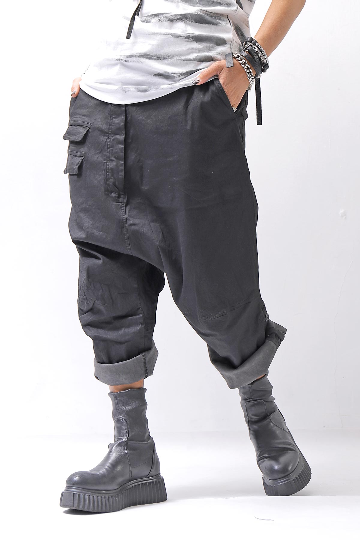 【RUNDHOLZ】 UNISEX STRETCH COTTON GLOSS SARRUEL PANTS _BLACK GLOSS