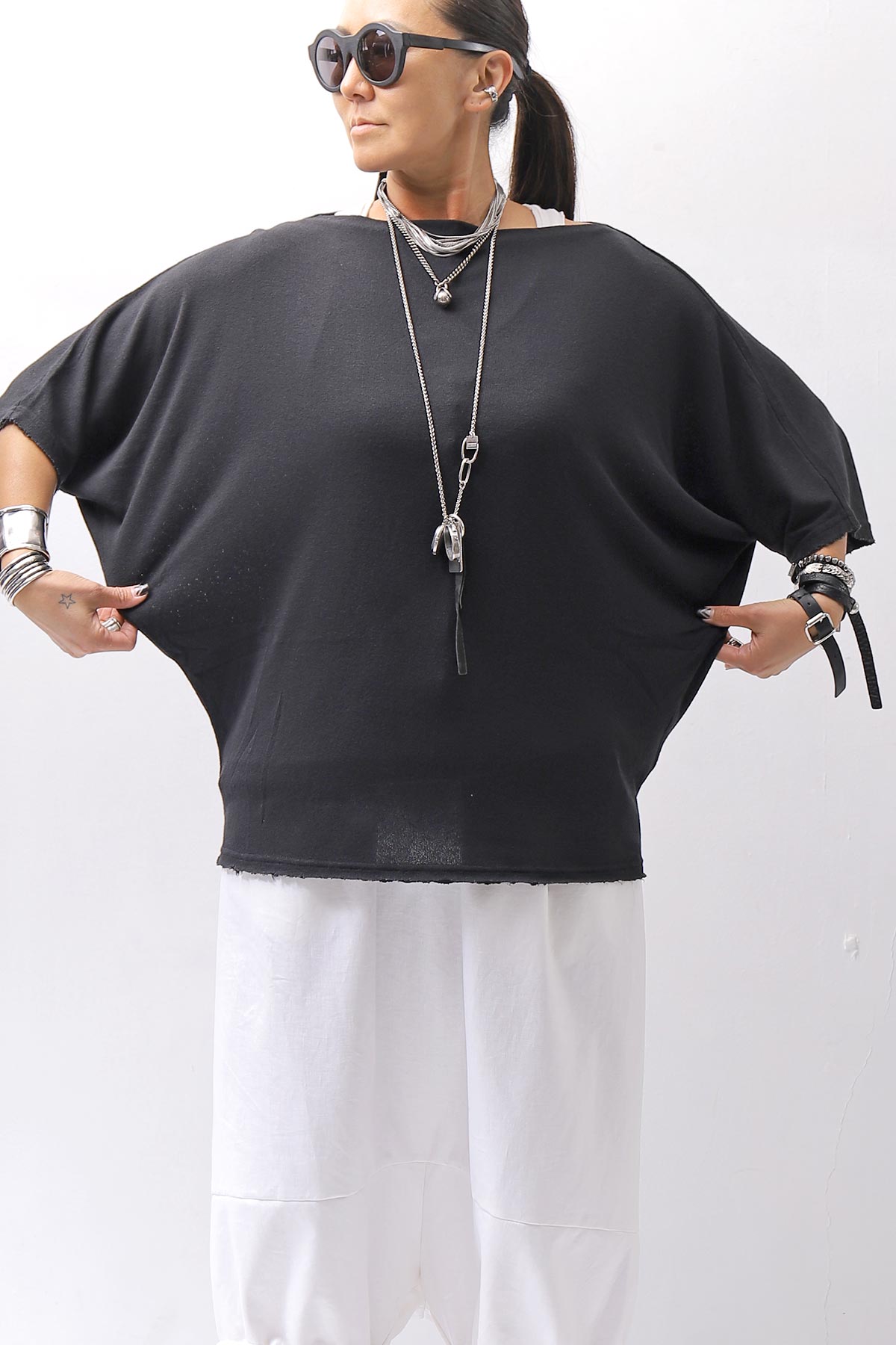 【NOSTRASANTISSIMA】 OVERSIZED VISCOSE&amp;SILK TOP M03_BLACK