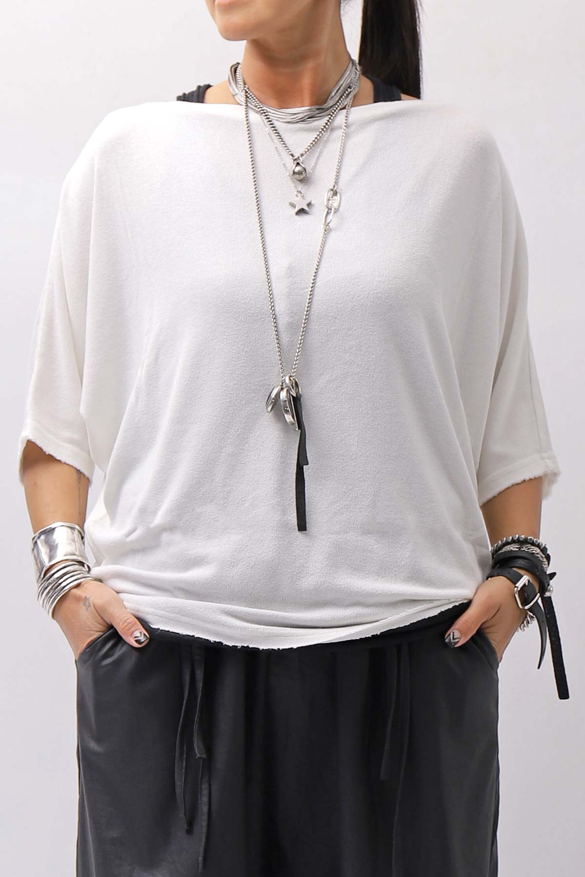 【NOSTRASANTISSIMA】 OVERSIZED VISCOSE&amp;SILK TOP M03_WHITE
