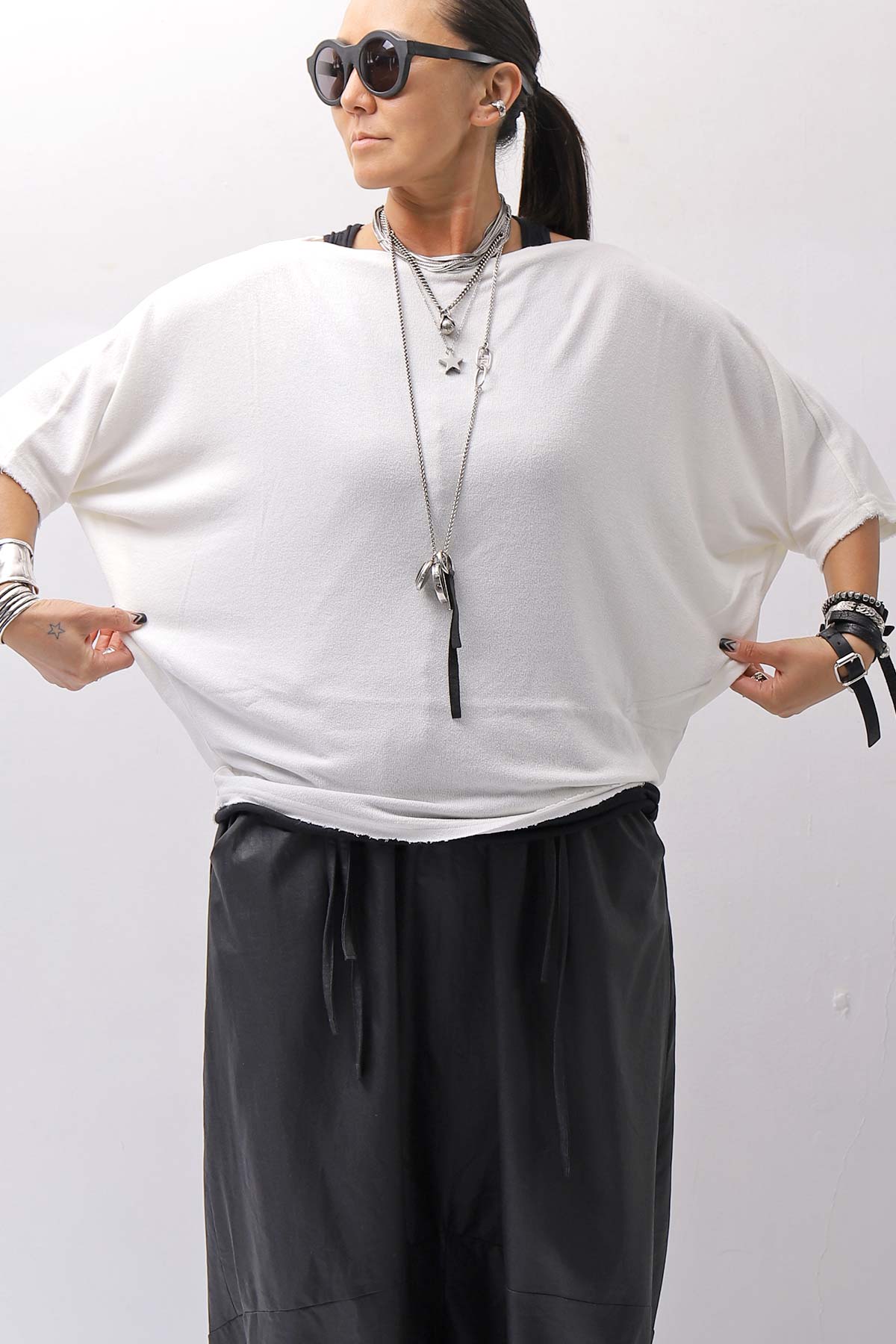 【NOSTRASANTISSIMA】 OVERSIZED VISCOSE&amp;SILK TOP M03_WHITE