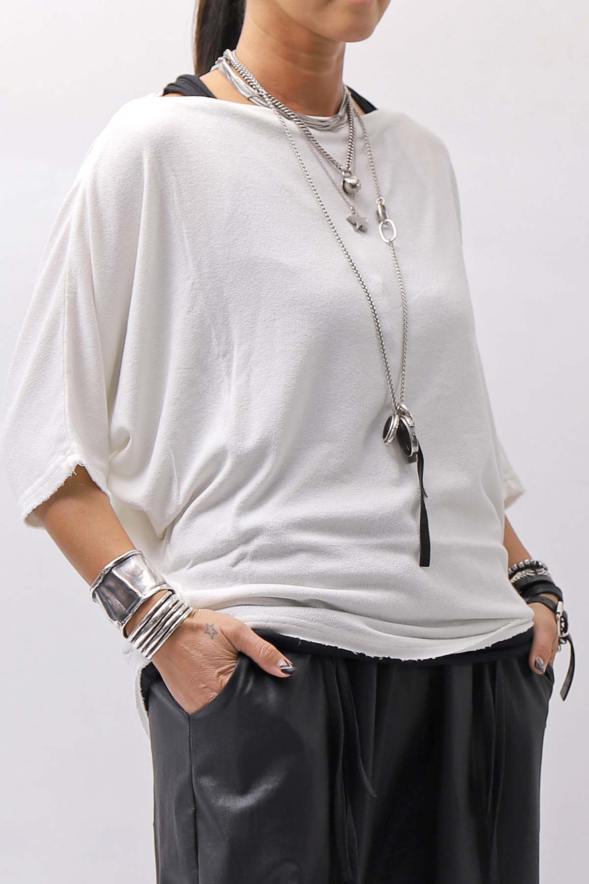 【NOSTRASANTISSIMA】 OVERSIZED VISCOSE&amp;SILK TOP M03_WHITE