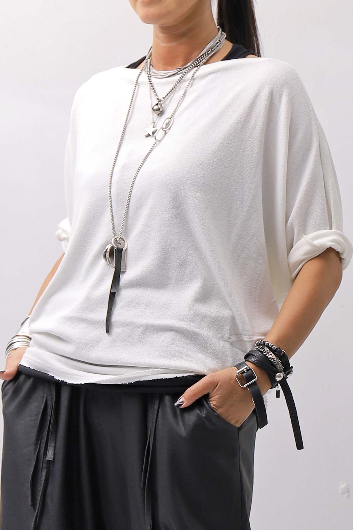 【NOSTRASANTISSIMA】 OVERSIZED VISCOSE&amp;SILK TOP M03_WHITE