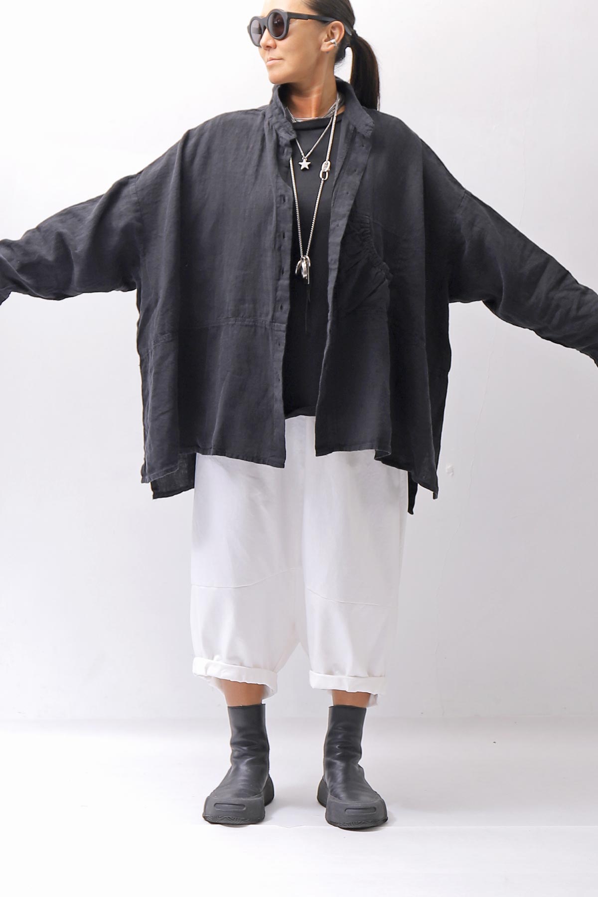 【RUNDHOLZ】 UNISEX LINEN OVERSIZED SHIRT CARDIGAN_BLACK