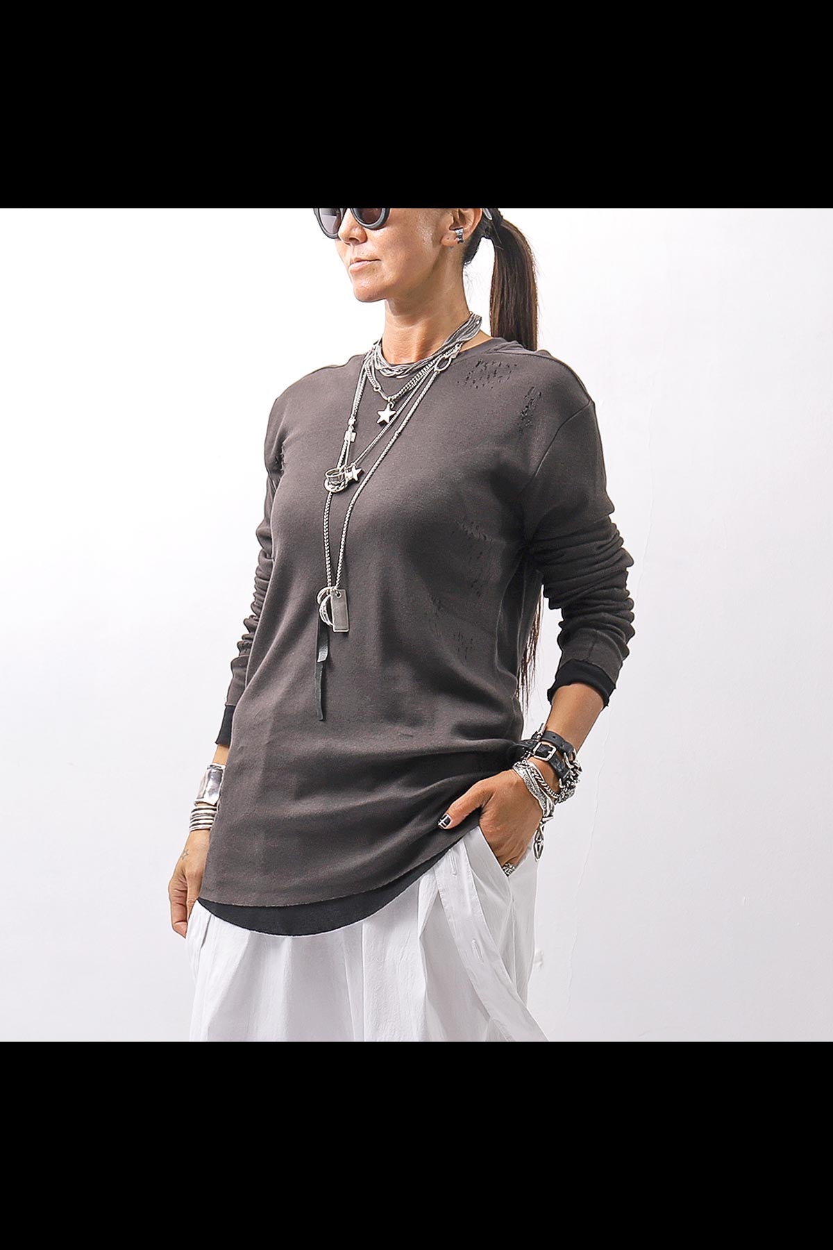 【thom/krom】 UNISEX COTTON CRASHED &amp; LAYERED REGULAR FIT LONG SLEEVE TOPS MTS969_COLD BROWN