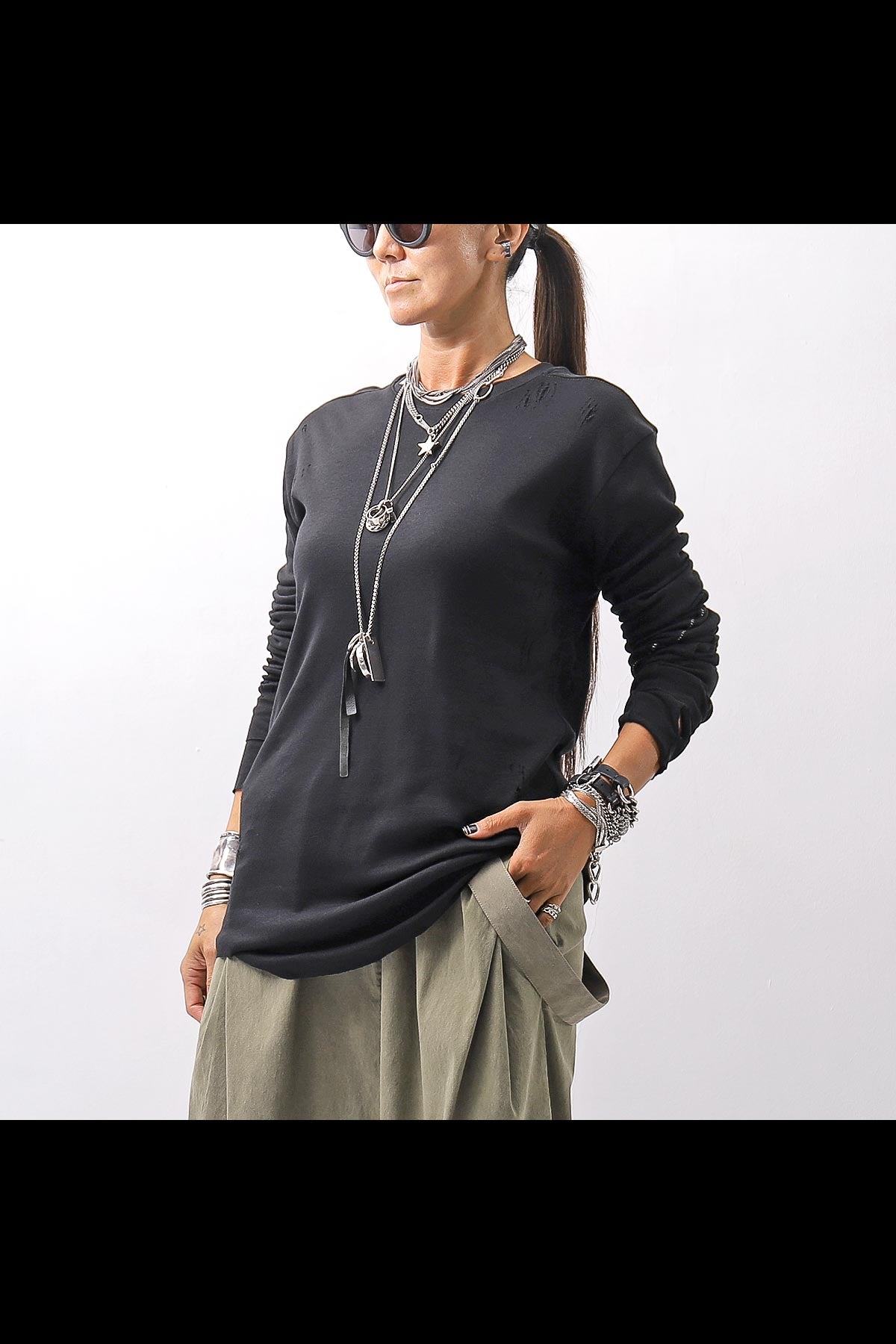 【thom/krom】 UNISEX COTTON CRASHED &amp; LAYERED REGULAR FIT LONG SLEEVE TOPS MTS969_BLACK