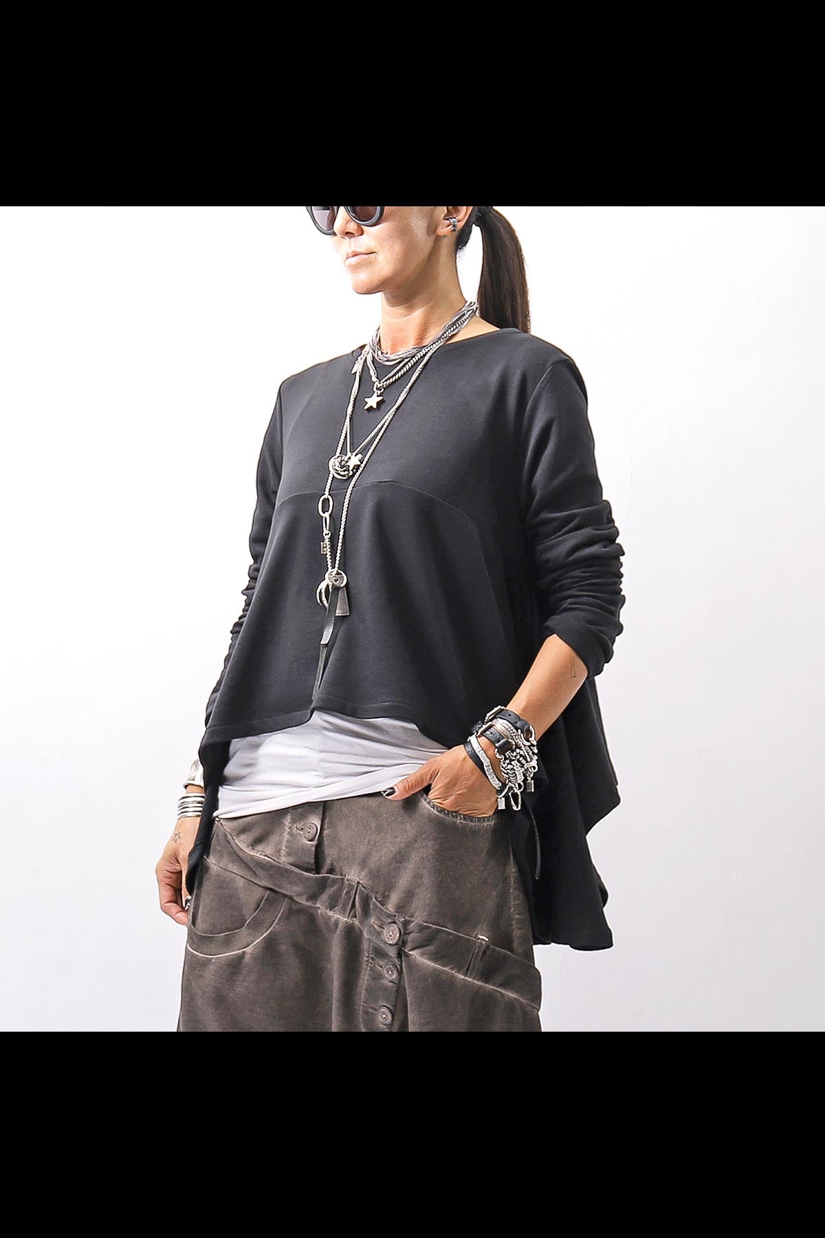 【PLÜ】 FLARED COTTON LIGHT SWEAT SHORT TOP PL11T_BLACK