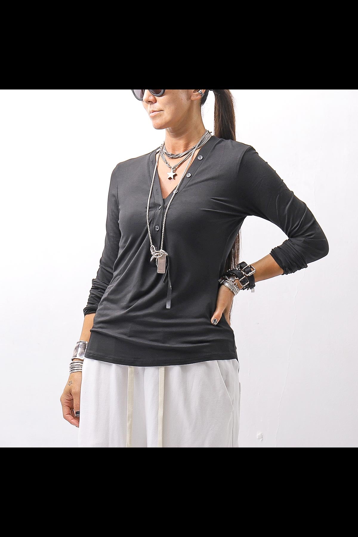 【NOSTRASANTISSIMA】 STRETCH COTTON FRONT BUTTON TOPS A124_BLACK