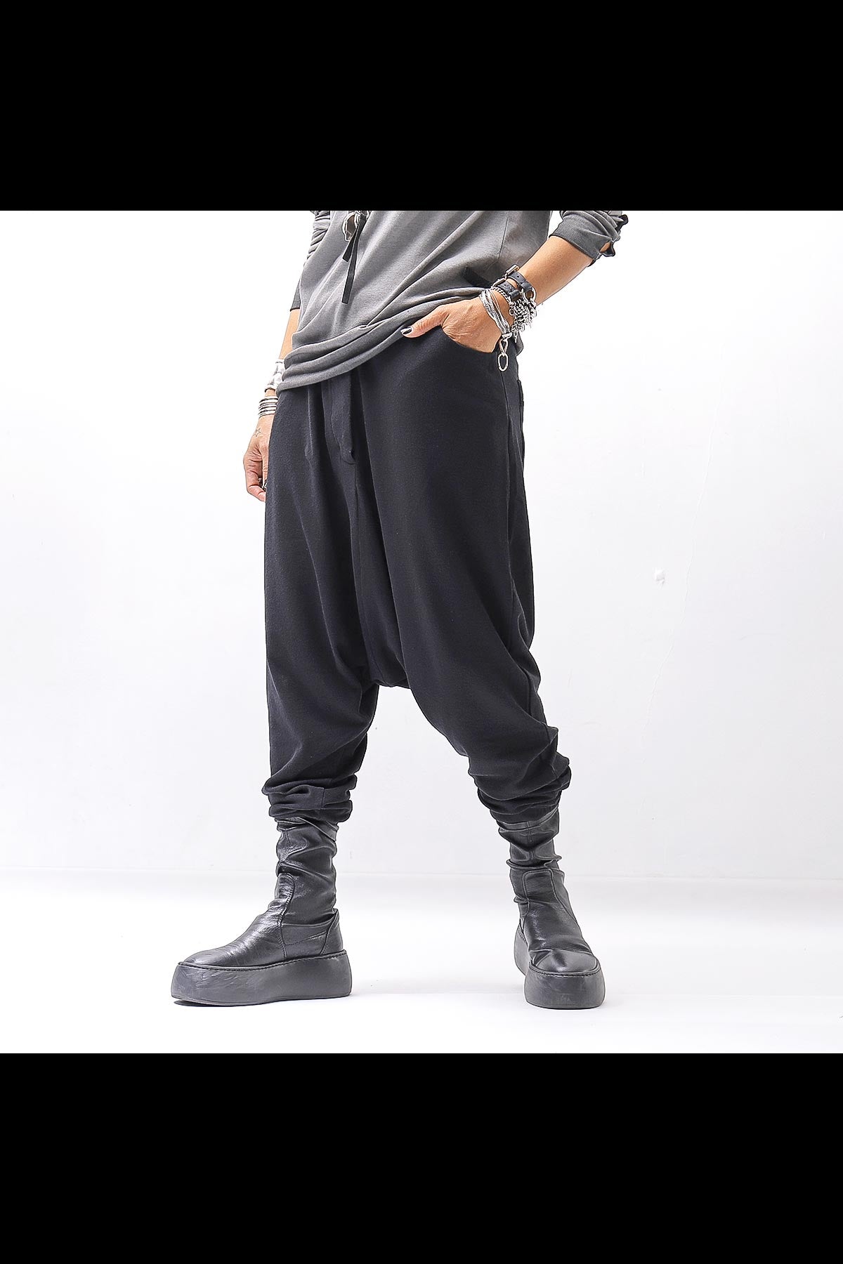 【studio b3】 UNISEX COTTON KNIT BOX SARROUEL RIBBED PANTS SHB2232_BLACK
