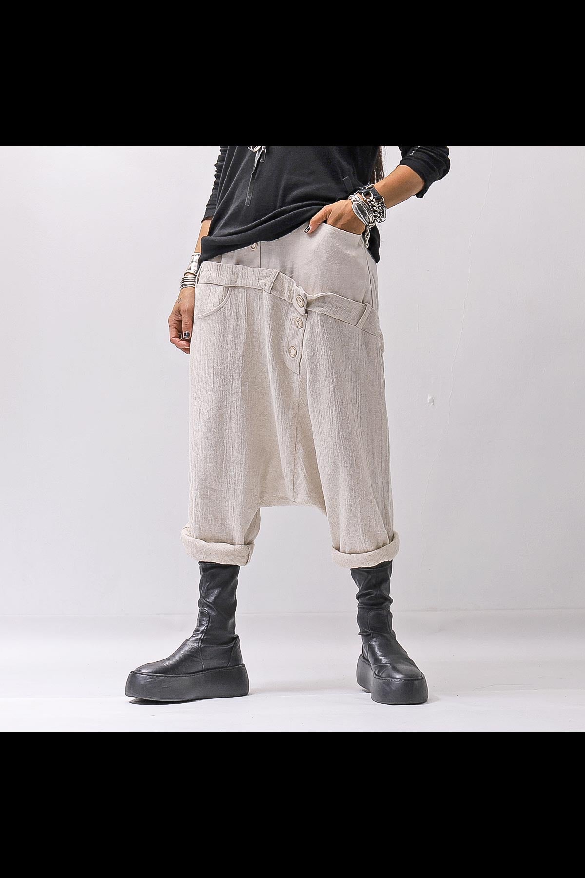 【studio b3】 UNISEX WRINKLE LINEN&amp;COTTON BOX SARROUEL PANTS RBB1974_MILK