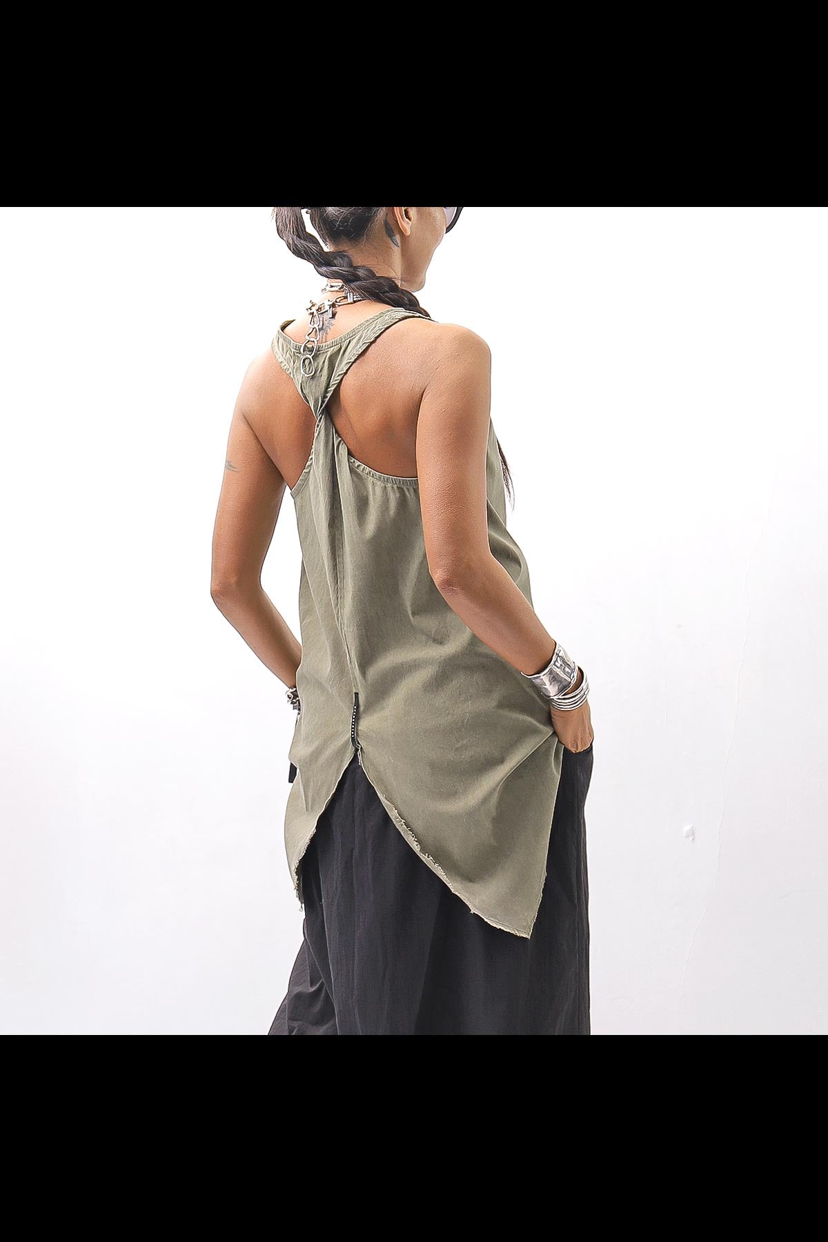 【Primordial is Primitive】 BACK CROSSED TANK TOP 413AL_MILITARY