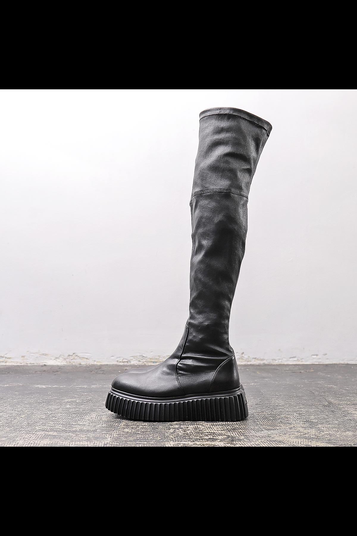 【AGL】 STRETCH LEATHER OVER-THE-KNEE HIGH BOOTS_BLACK