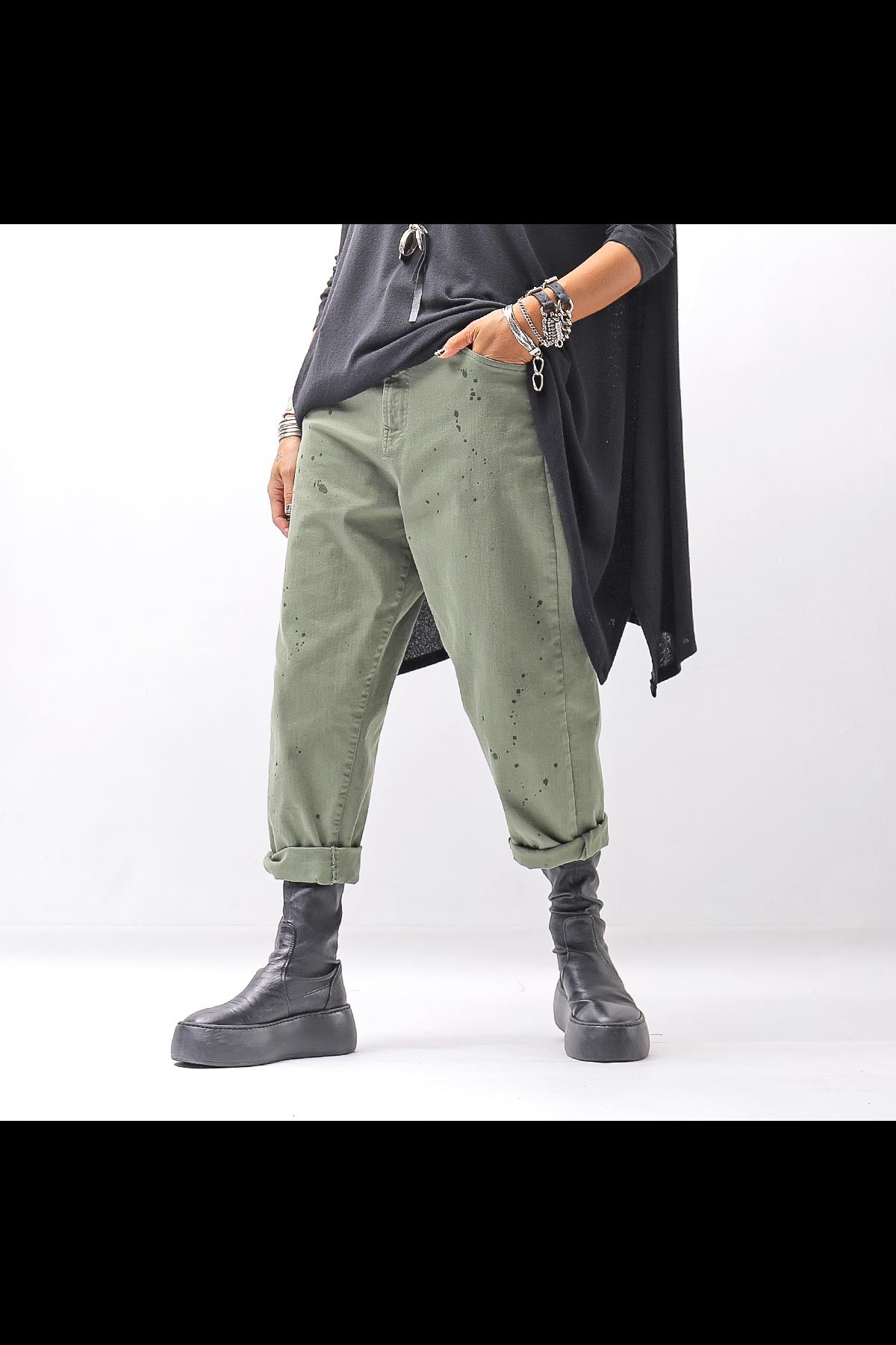 【NOSTRASANTISSIMA】UNISEX STRETCH COTTON LOW CROTCH DENIM PANTS P102_MATCHA LATTE