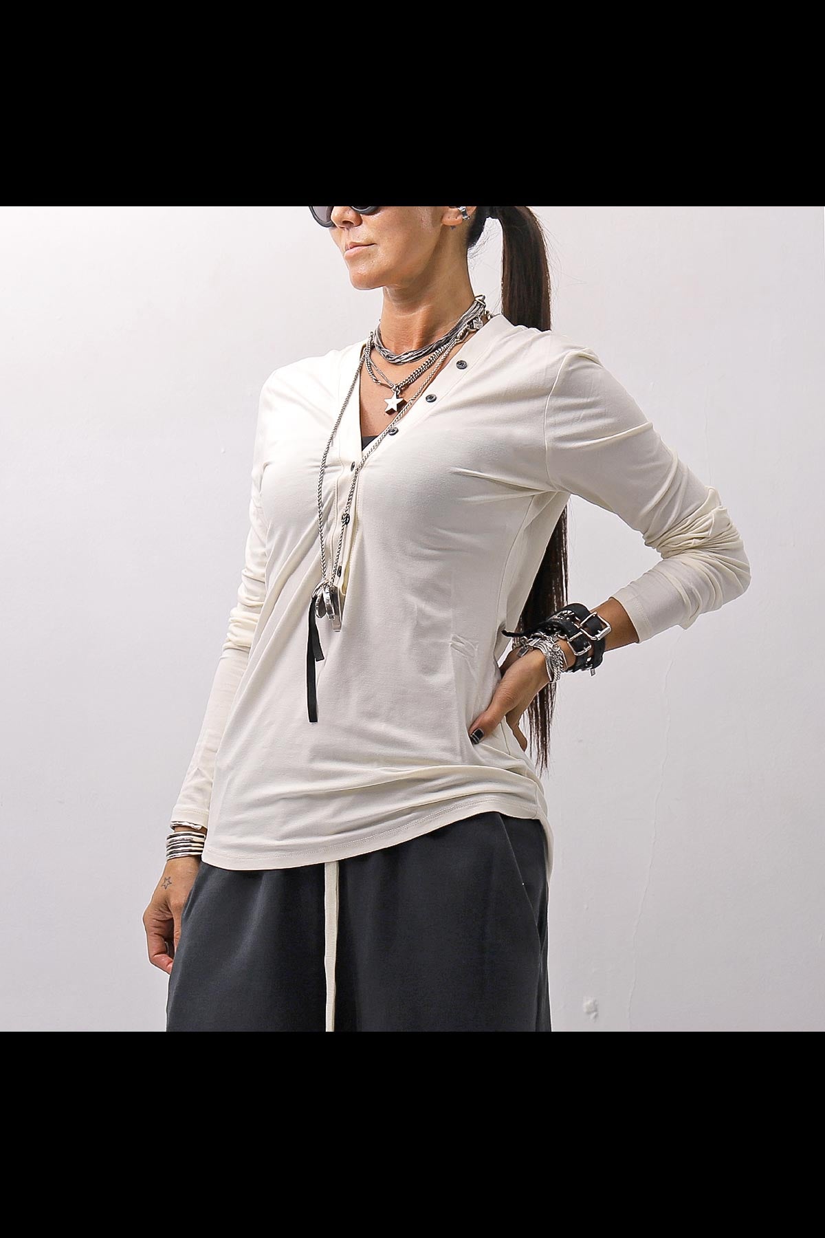 【NOSTRASANTISSIMA】 STRETCH COTTON FRONT BUTTON TOPS A124_OFF WHITE