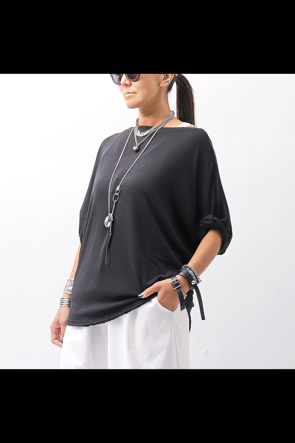 【NOSTRASANTISSIMA】 OVERSIZED VISCOSE&amp;SILK TOP M03_BLACK