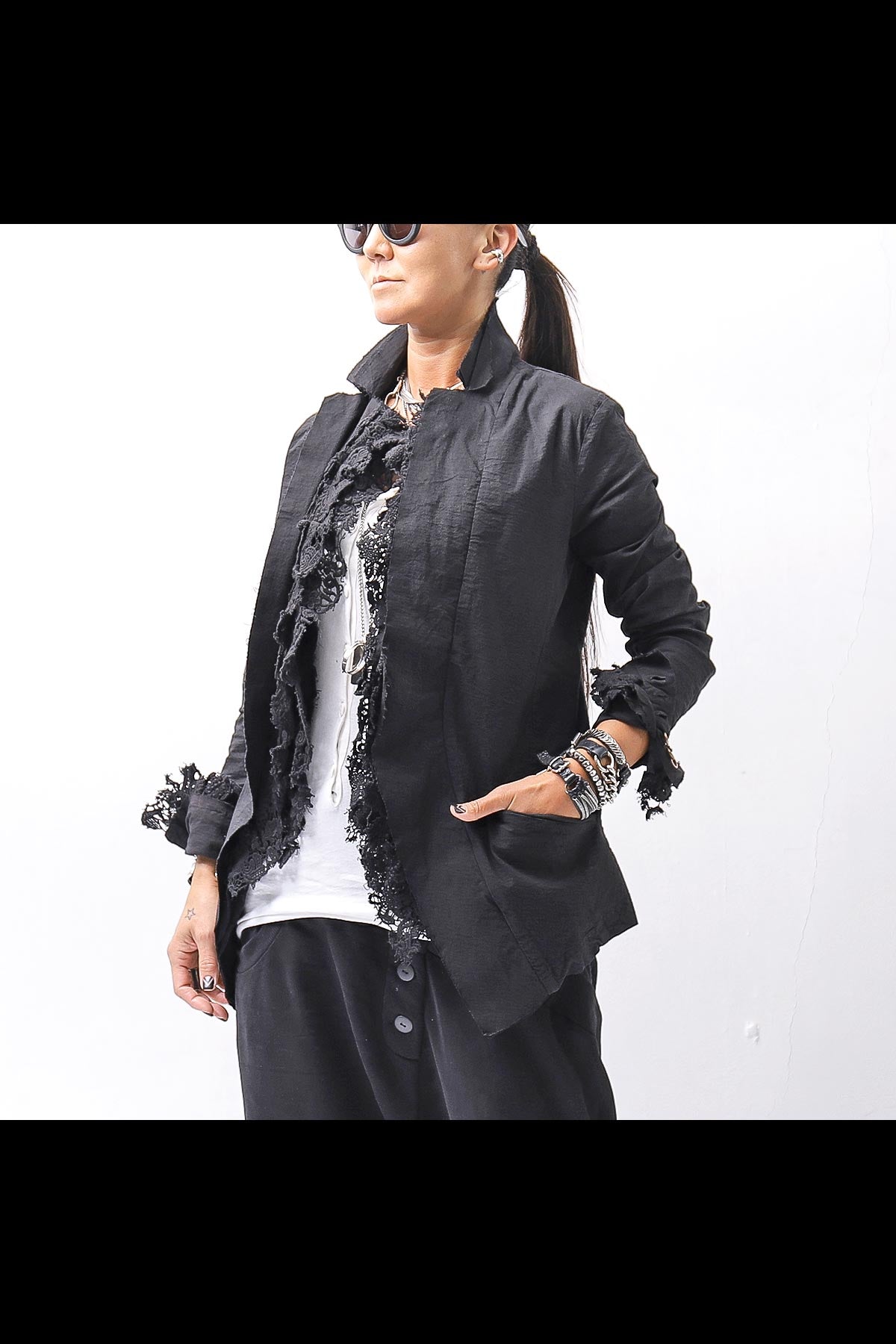 【RUNDHOLZ】 GRUNGE COTTON LACE &amp; STRETCH JACKET _BLACK GLOSS