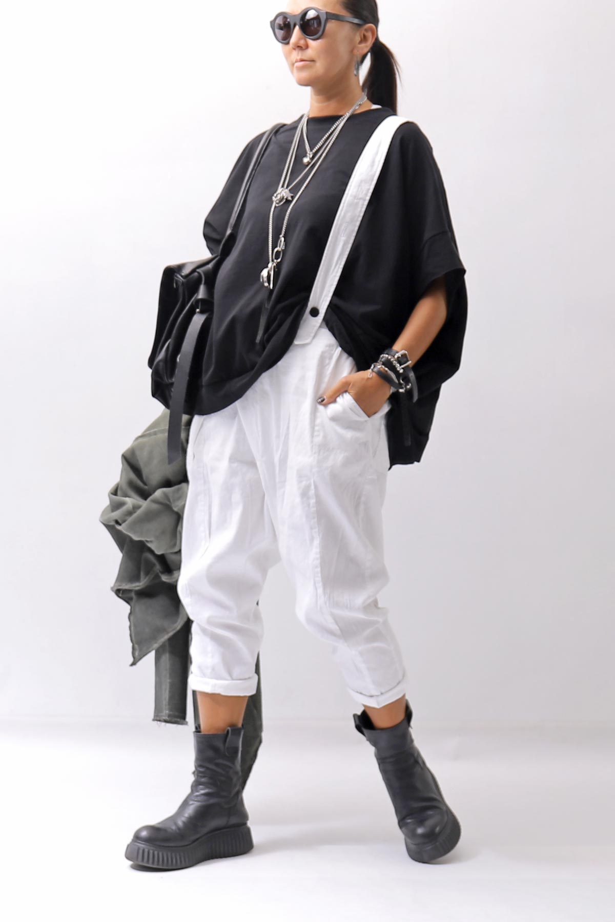 【bajra】 UNISEX BACK DRAPE HALF SLEEVE TOPS 160QK05_BLACK
