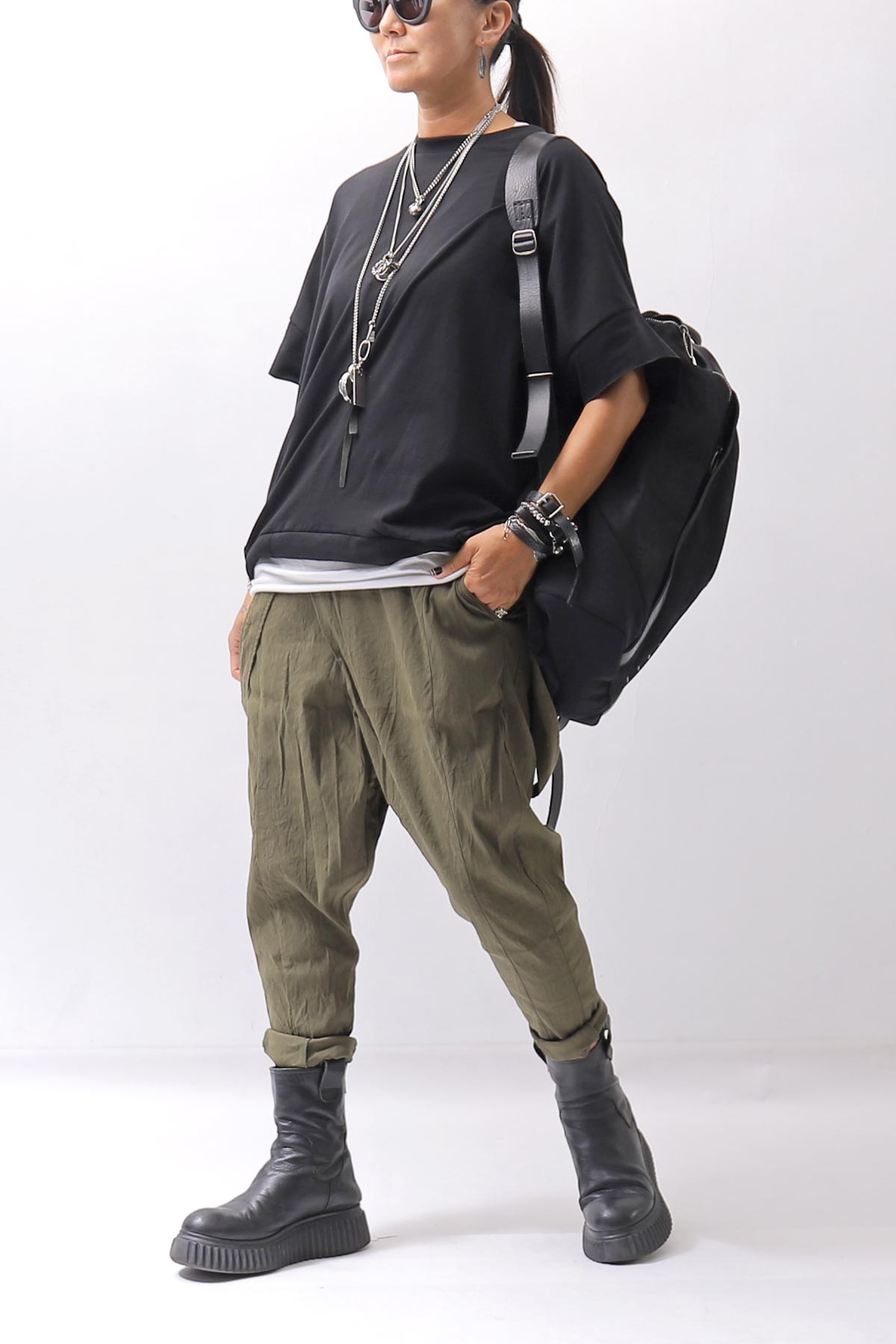 【bajra】 UNISEX BACK DRAPE HALF SLEEVE TOPS 160QK05_BLACK
