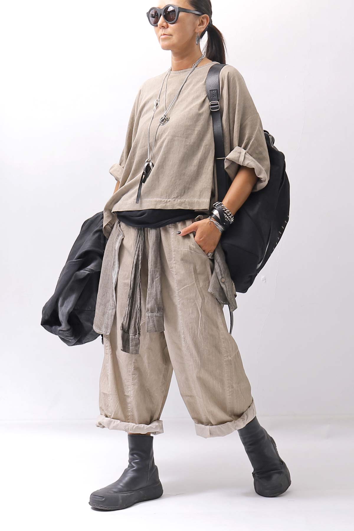 【studio b3】 UNISEX LIGHT COTTON PANTS WITH WAIST SHIRT NB2099_SAND OLD DYE