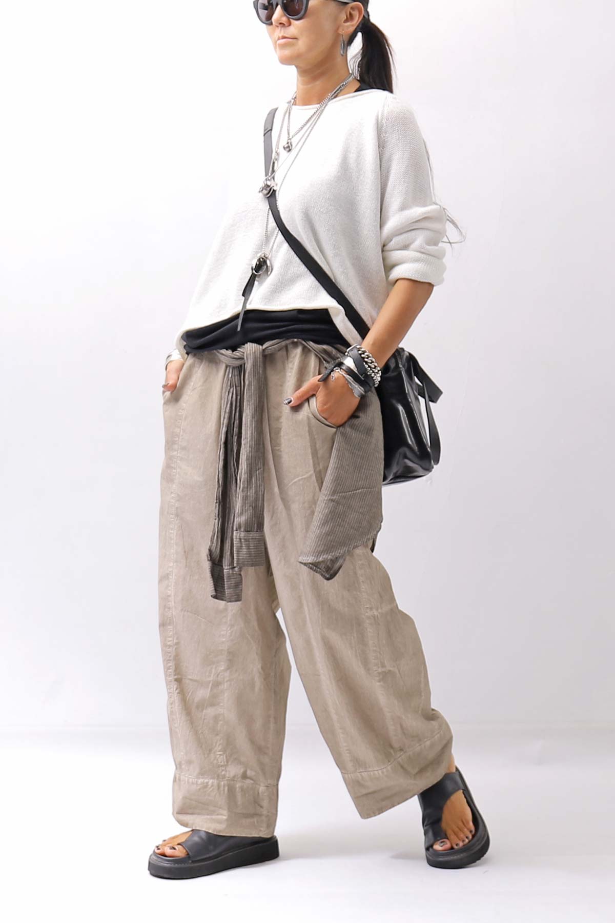 【studio b3】 UNISEX LIGHT COTTON PANTS WITH WAIST SHIRT NB2099_SAND OLD DYE