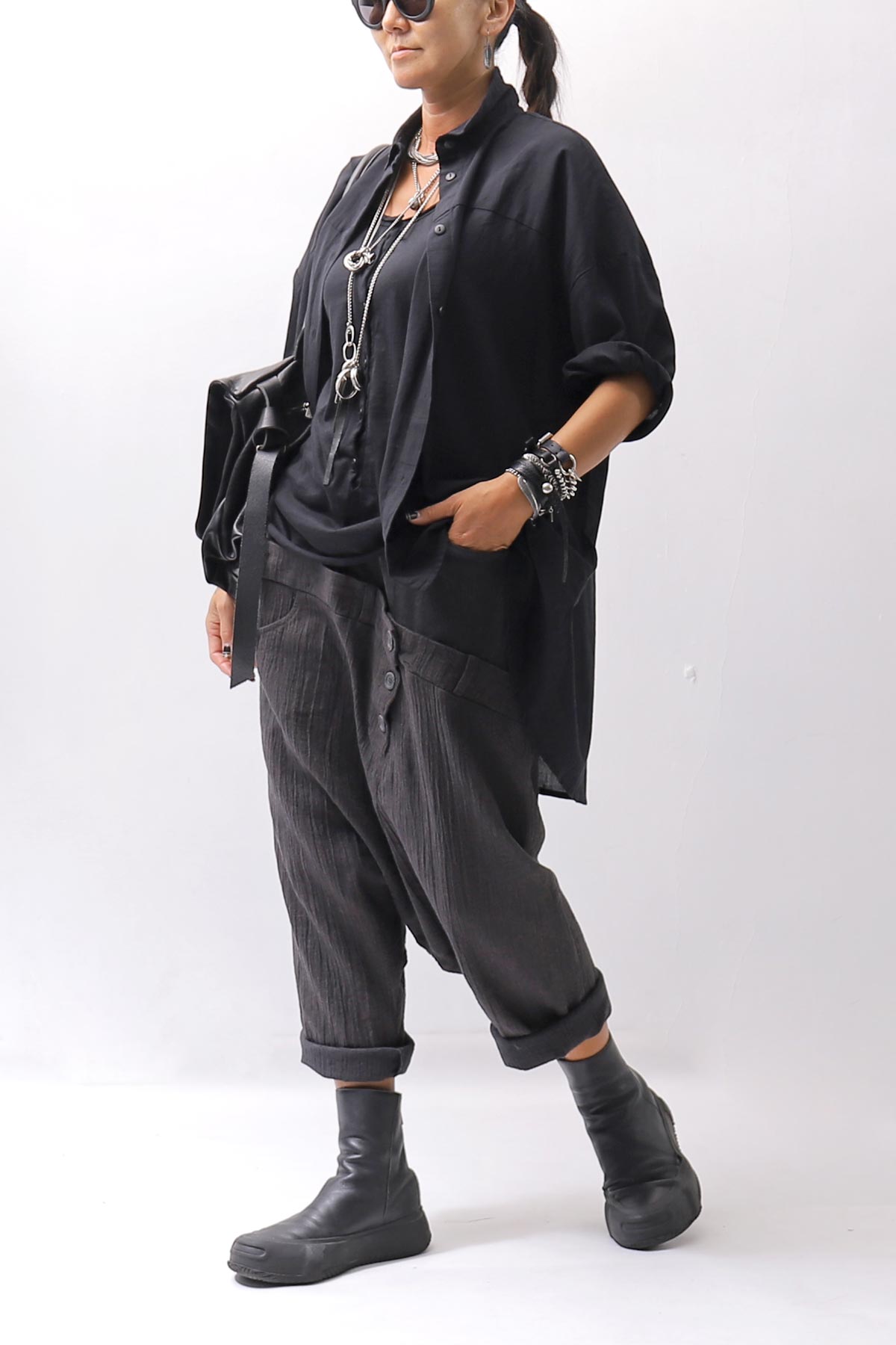 【studio b3】 UNSEX WRINKLE LINEN&amp;COTTON BOX SARROUEL PANTS RBB1974_FADE BLACK