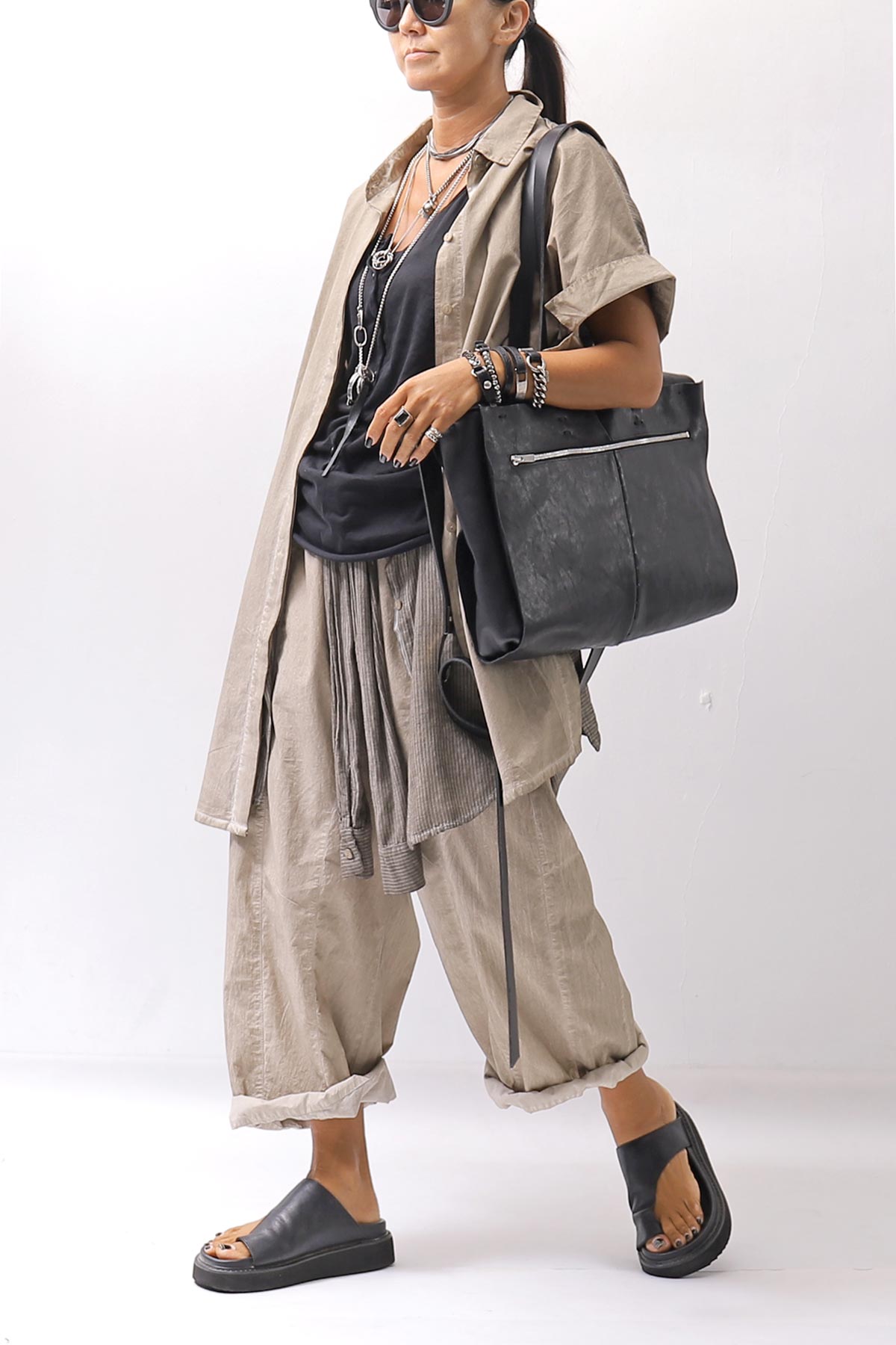 【studio b3】 SIDE SLIT BUTTON HALF SLEEVE SHIRT NB2078_SAND OLD DYE