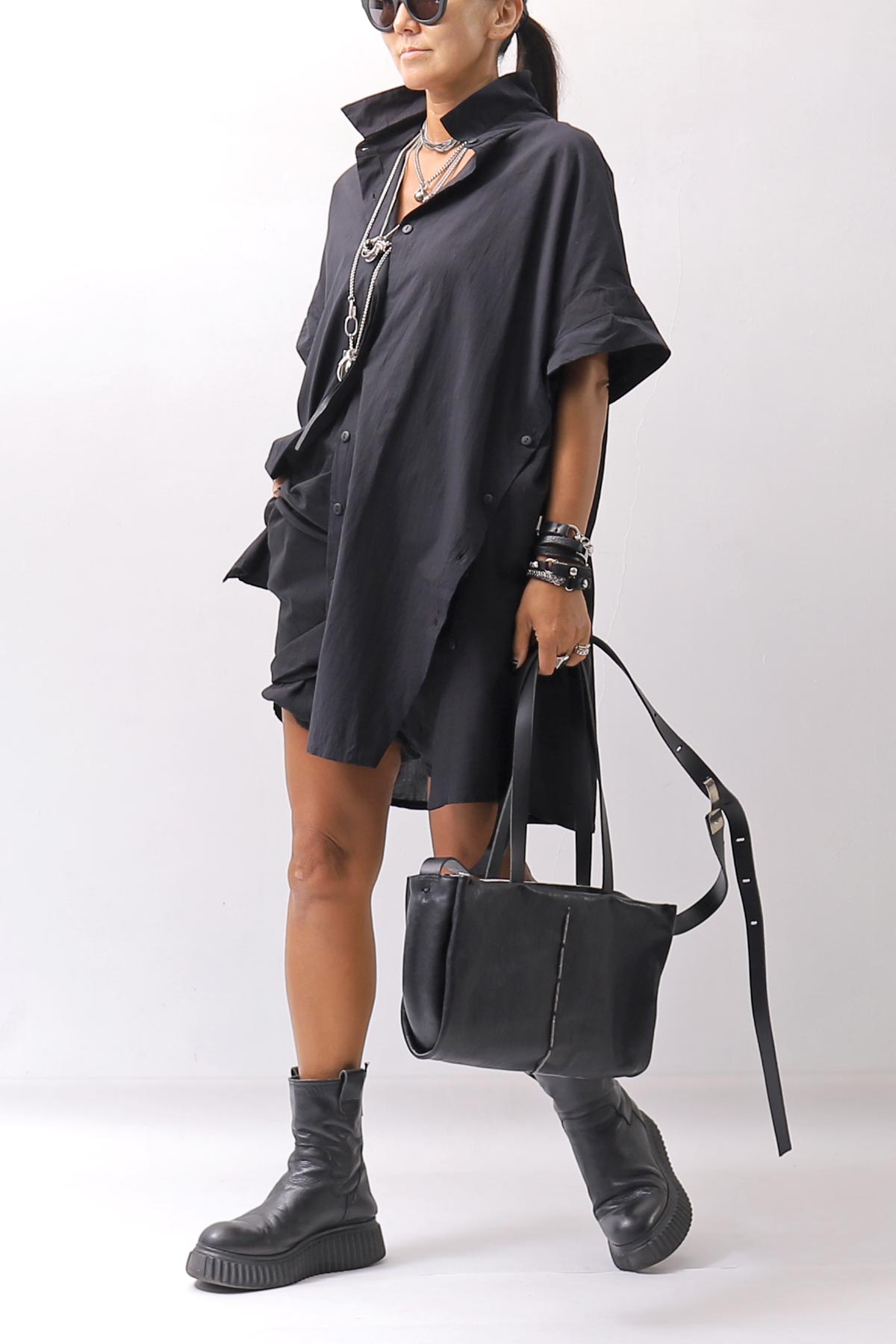 【studio b3】 SIDE SLIT BUTTON HALF SLEEVE SHIRT NB2078_BLACK